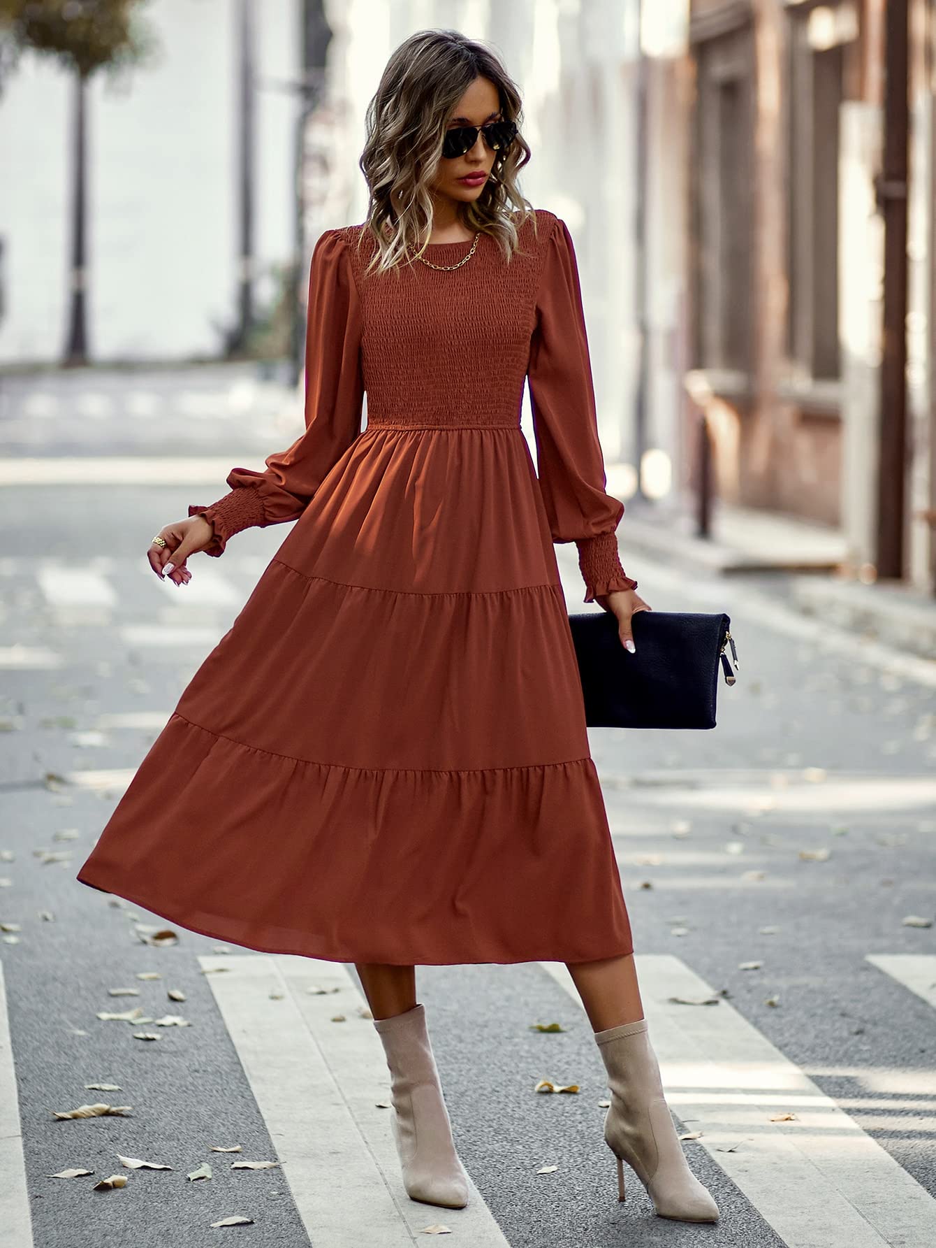 Amazon.com: Women's Dresses Shirred Bodice Bishop Sleeve Layered Hem -line  Dress Dress for Women (Color : Burnt Orange, Size : Medium) : Clothing,  Shoes & Jewelry