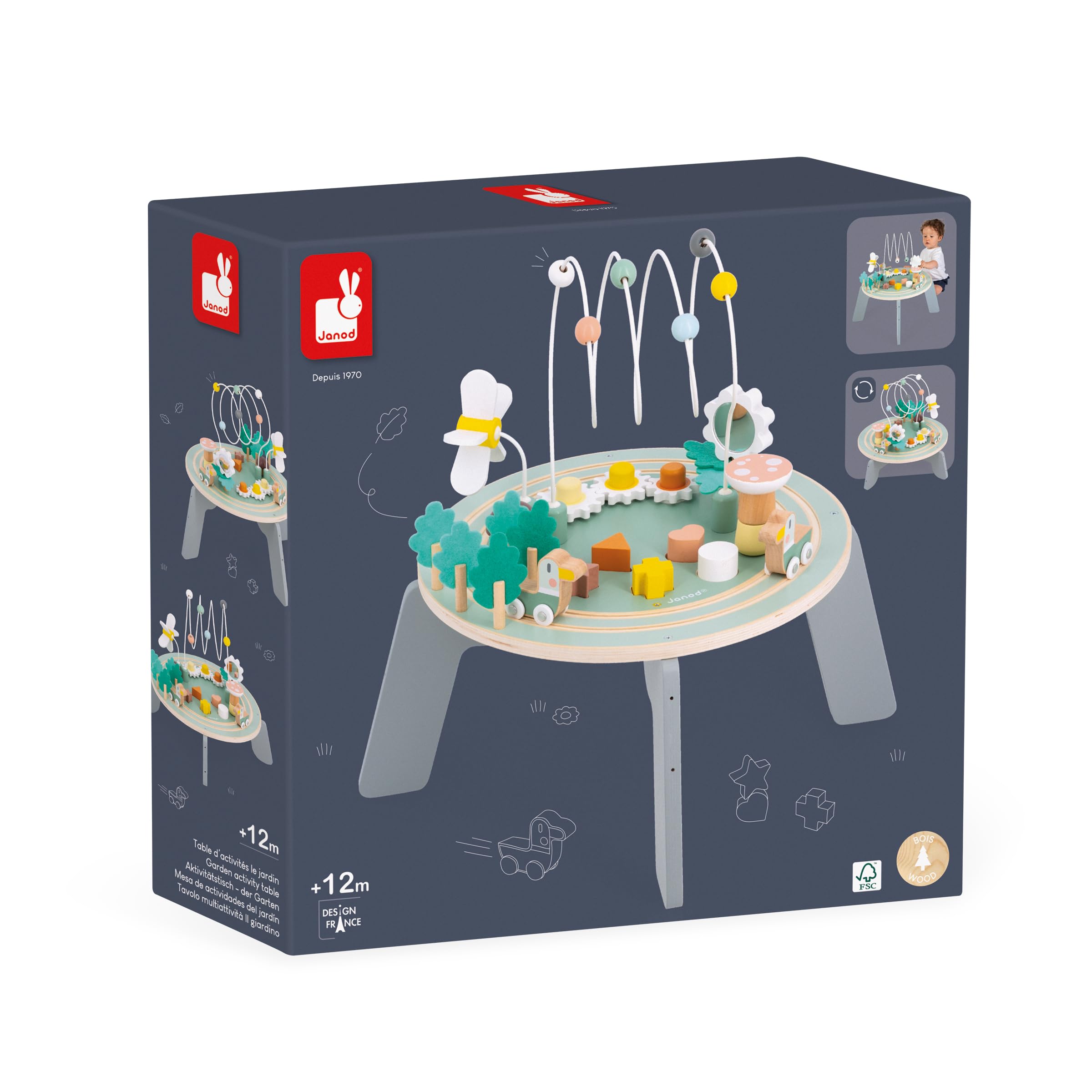 Janod - Mesa de Actividades de Madera Sweet Cocoon - 9 Actividades Infantiles - Juguete de Estímulo - Ejercita Motricidad Fina - Mesa de Madera FSC - Tema Jardín - A Partir de 12 Meses, J04045