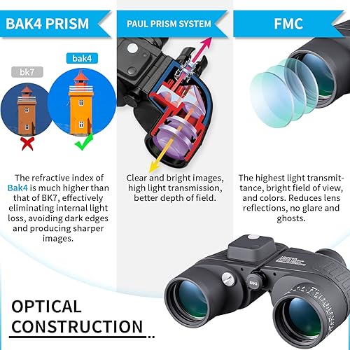 Miniatura 5 de Prismáticos marinos de 10 x 50 pulgadas para adultos, prismáticos militares impermeables con brújula telémetro BAK4 prisma FMC lente canotaje, pesca