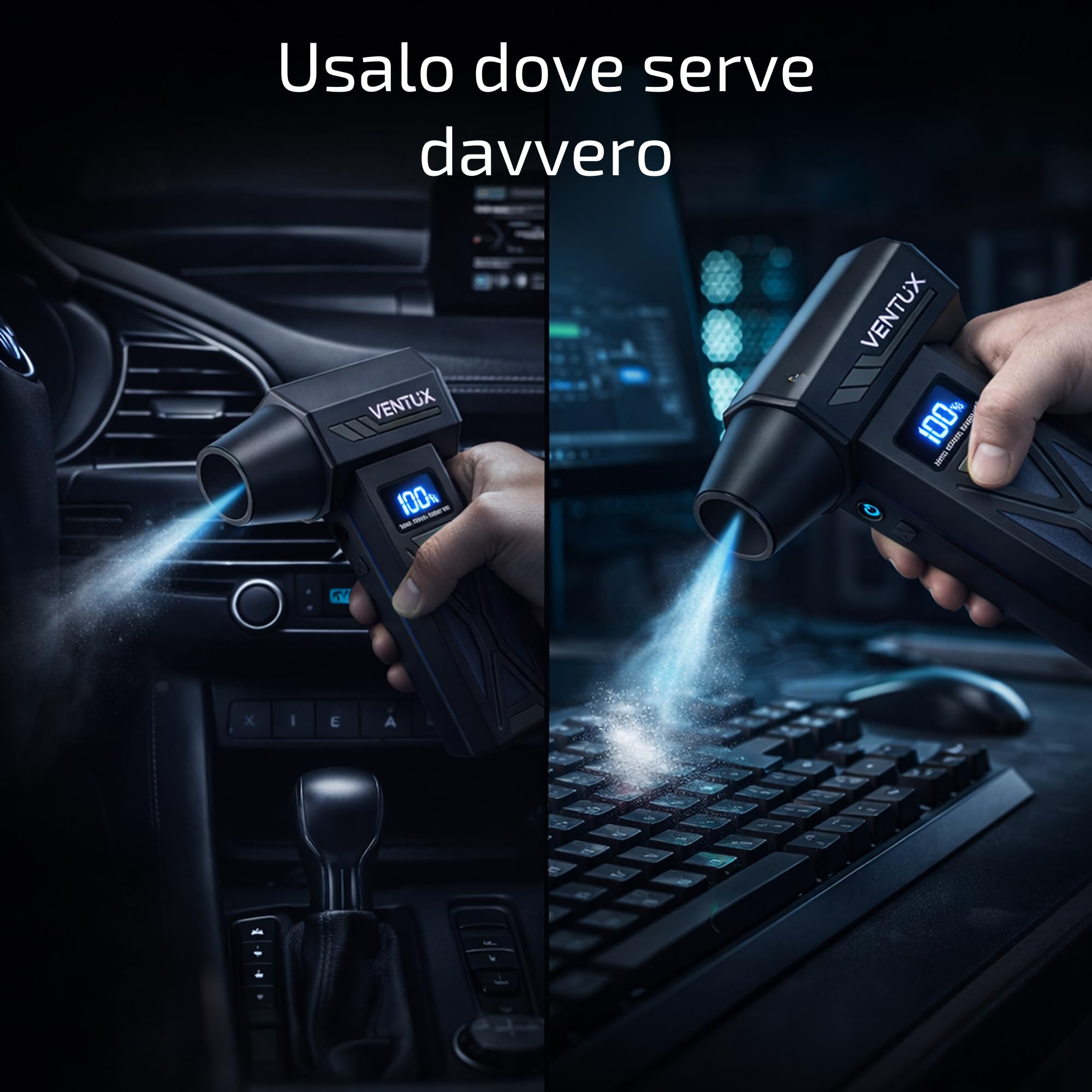 Soffiatore d’Aria Portatile a Batteria AeroBoost P70 – 110W | 4 Velocità, Display LCD, LED, 2000mAh | Mini Air Blower per Polvere, Tastiere, Auto, PC – Ventux Gear