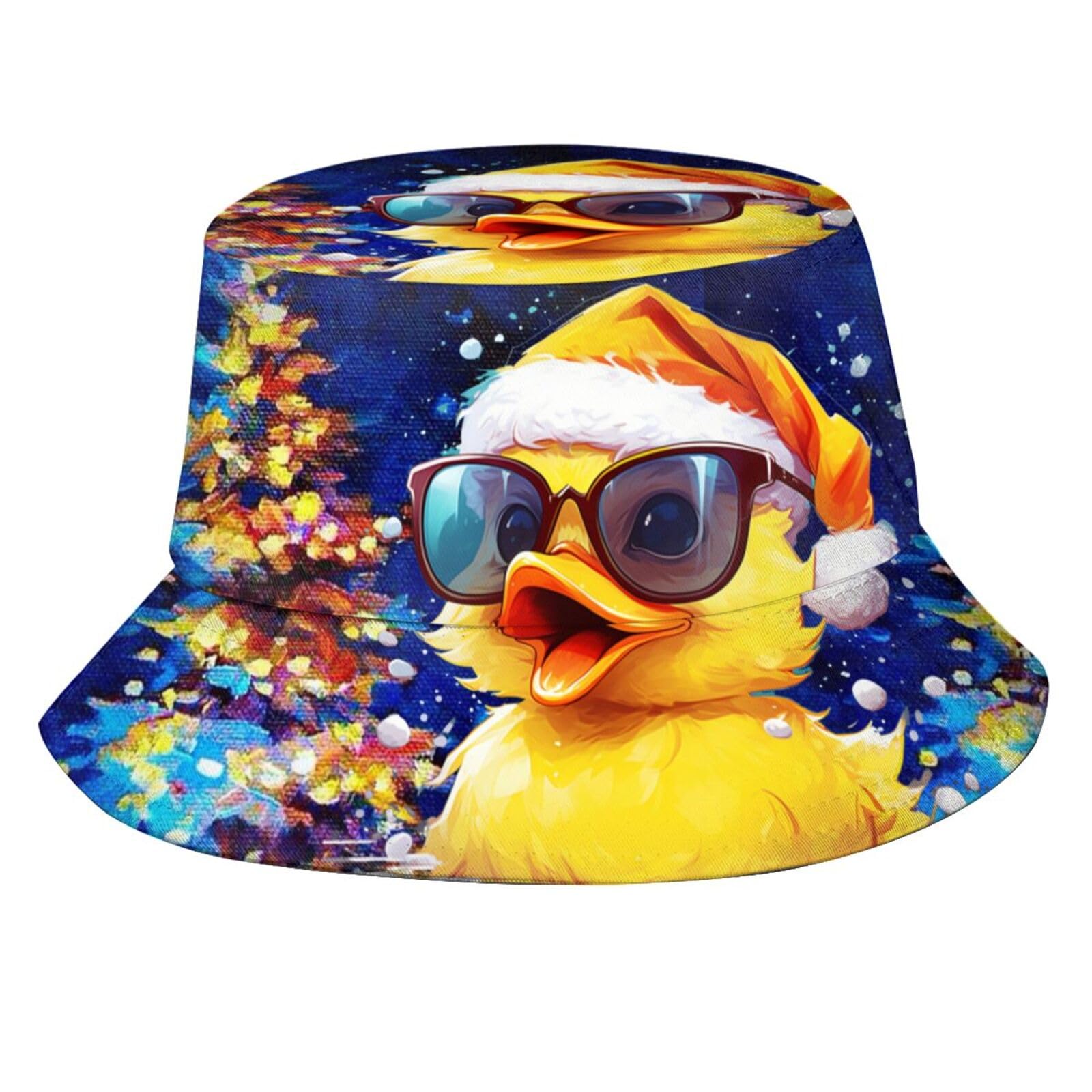 Duck and Sparkling Christmas Tree Bucket Hat Fisherman Hat Beach Travel Sun Hat Outdoor Cap for Adults Men Women