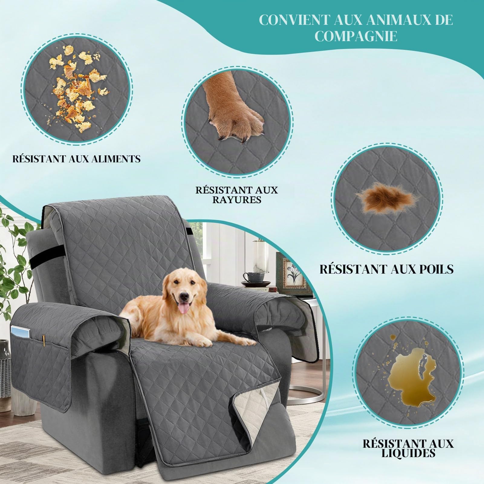 Housse de Fauteuil inclinable 2/3 Places, 100% imperméable Housse de Canapé Antidérapant Protecteur pour Meubles de Salon Contre Les Chiens, Animaux et Enfants (Gris,2 Places)