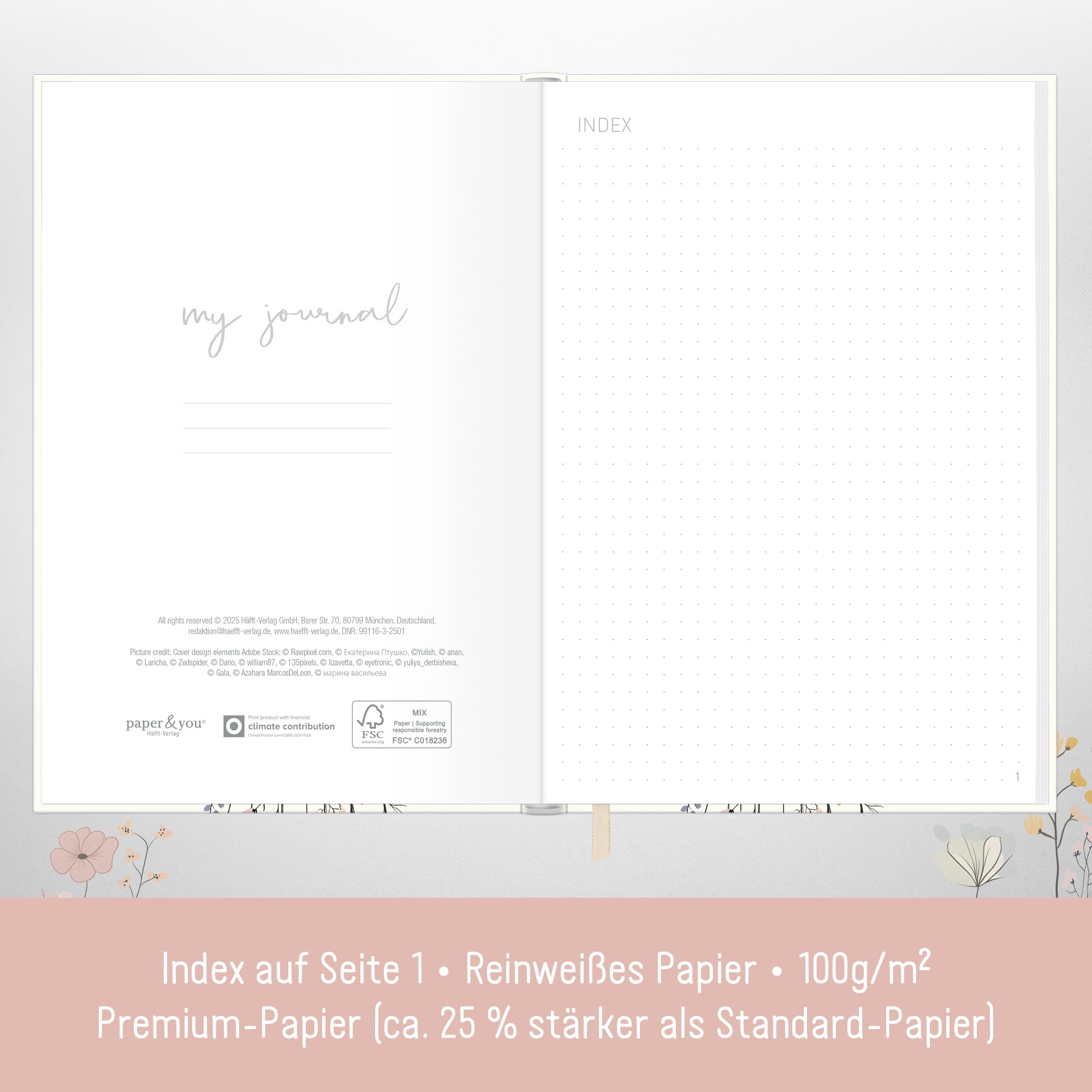 Häfft paper&you® dotted Journal A5 – notes w kropki „Flower Joy” | 156 ponumerowanych stron w kropki, gumka i zakładka – do prowadzenia pamiętnika, szkiców, list i kreatywnych notatek