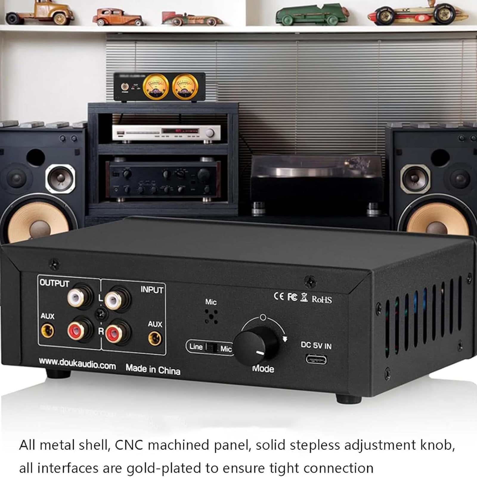 Lysdianpu Podwójny analogowy miernik Vu, wskaźnik poziomu dźwięku, przełącznik audio, z wejściem audio stereo RCA/3,5 mm Aux i przetwornikiem mikrofonowym, wiele kolorów / jasności/wzmocnienia