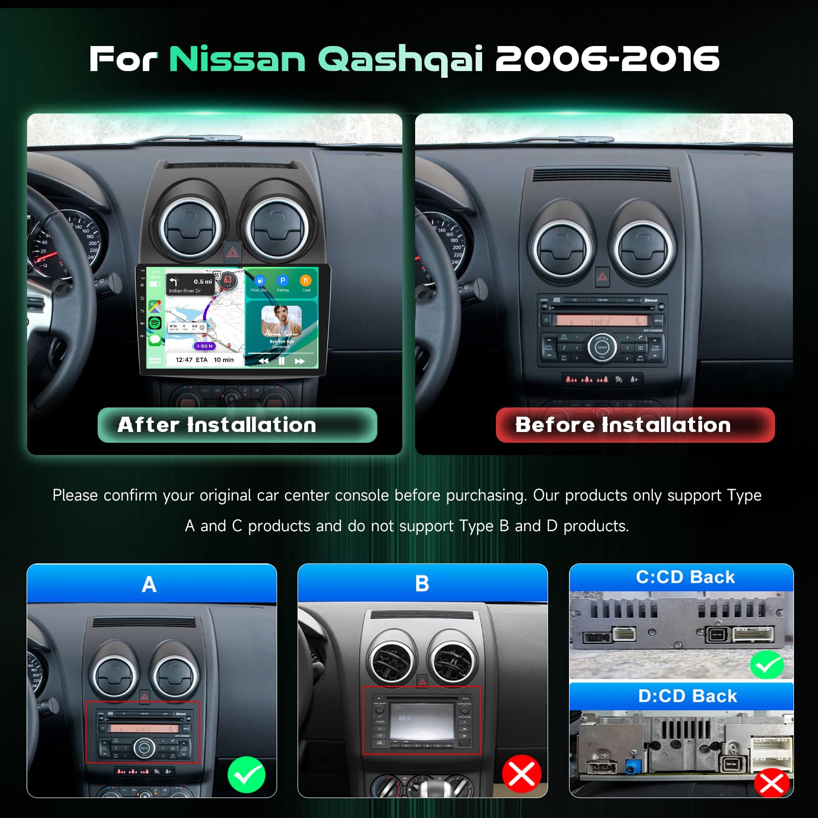 [2G + 64G] Inefala Android 15 radio samochodowe do Nissan Qashqai 2006-2016 z bezprzewodowym Carplay Android Auto, 9-calowy ekran dotykowy radio z radiem samochodowym 2DIN BT5.0, nawigacja GPS, WiFi