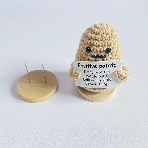 Mini divertida patata positiva con base de madera, juguete de papa de punto de 3 pulgadas con tarjeta positiva creativa linda lana positiva muñeca