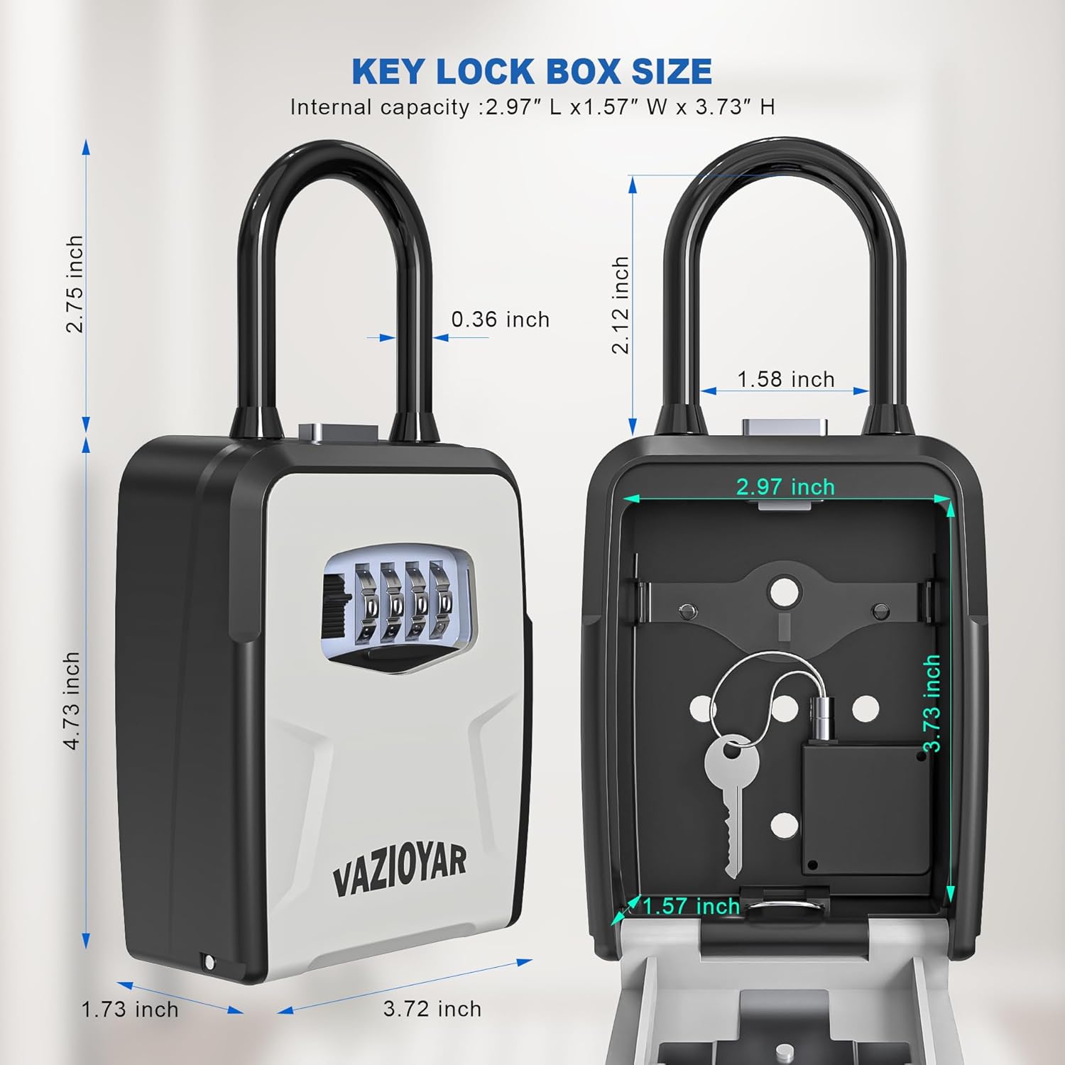 Key Lock Box,With Retractable Key Tether,With removable shackle,Upgraded Wall Mounted Key Safe Box, High-Capacity Key Safe Lock Box，Aluminum Alloy Reinforced Lock Body