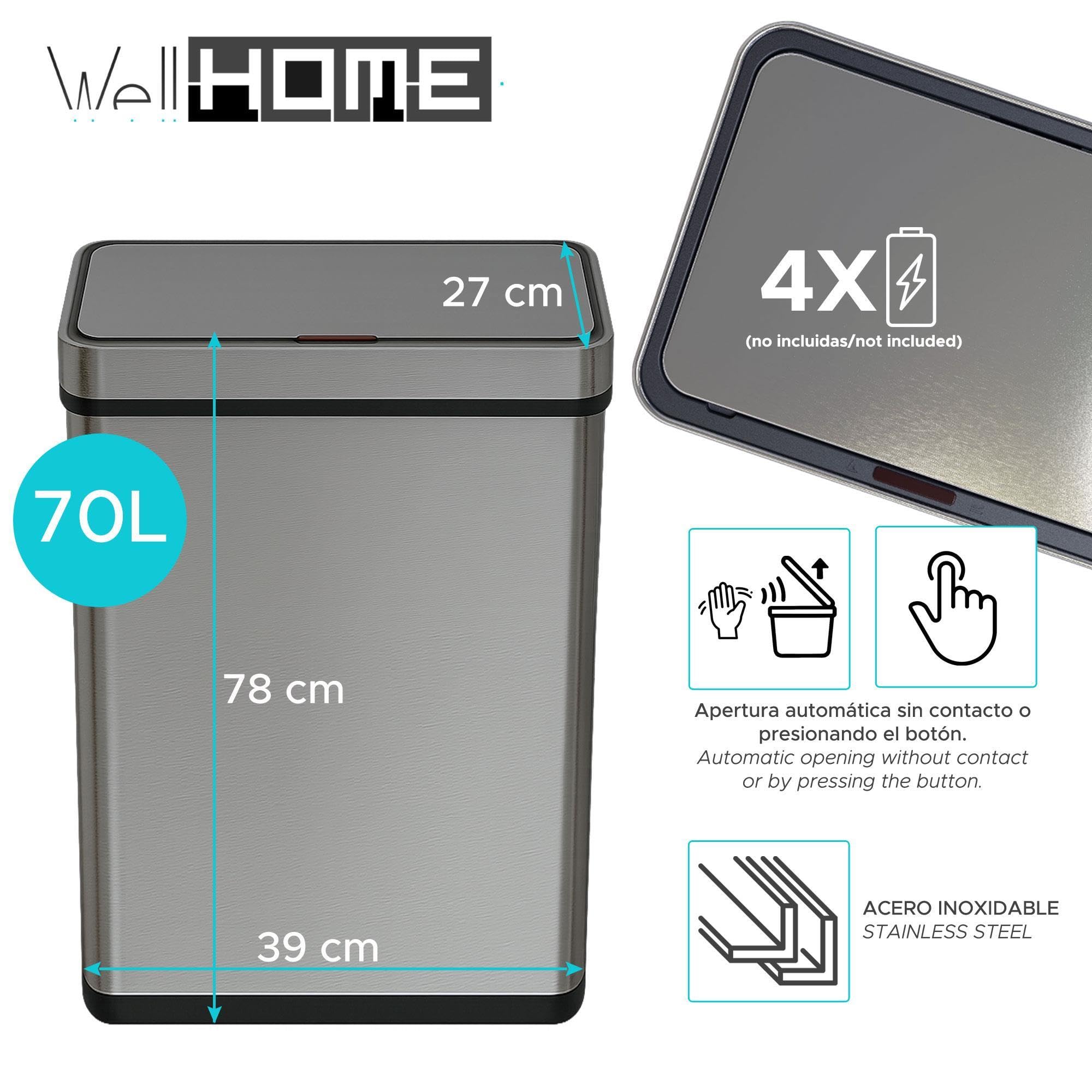 Cubo de Basura de 70L color Metálico en Acero inoxidable con Sensor automático y Filtro antiolor 78cm altura