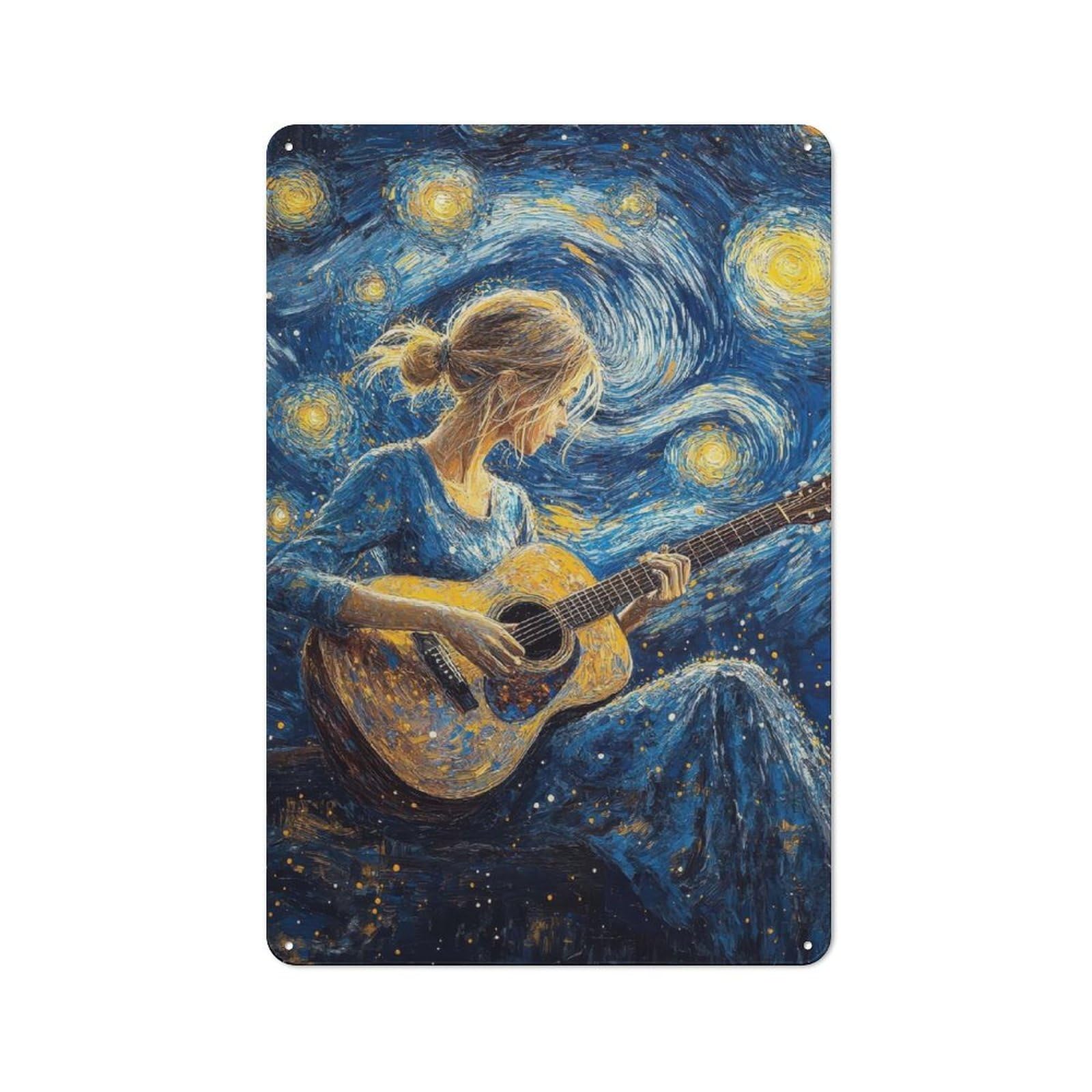 Junmoney Starry Night Guitarist Vintage Metal Wall Sign 30X20cm For Garage Or Workshop, For Metal Sign Collectors, For Garage And Workshop Walls