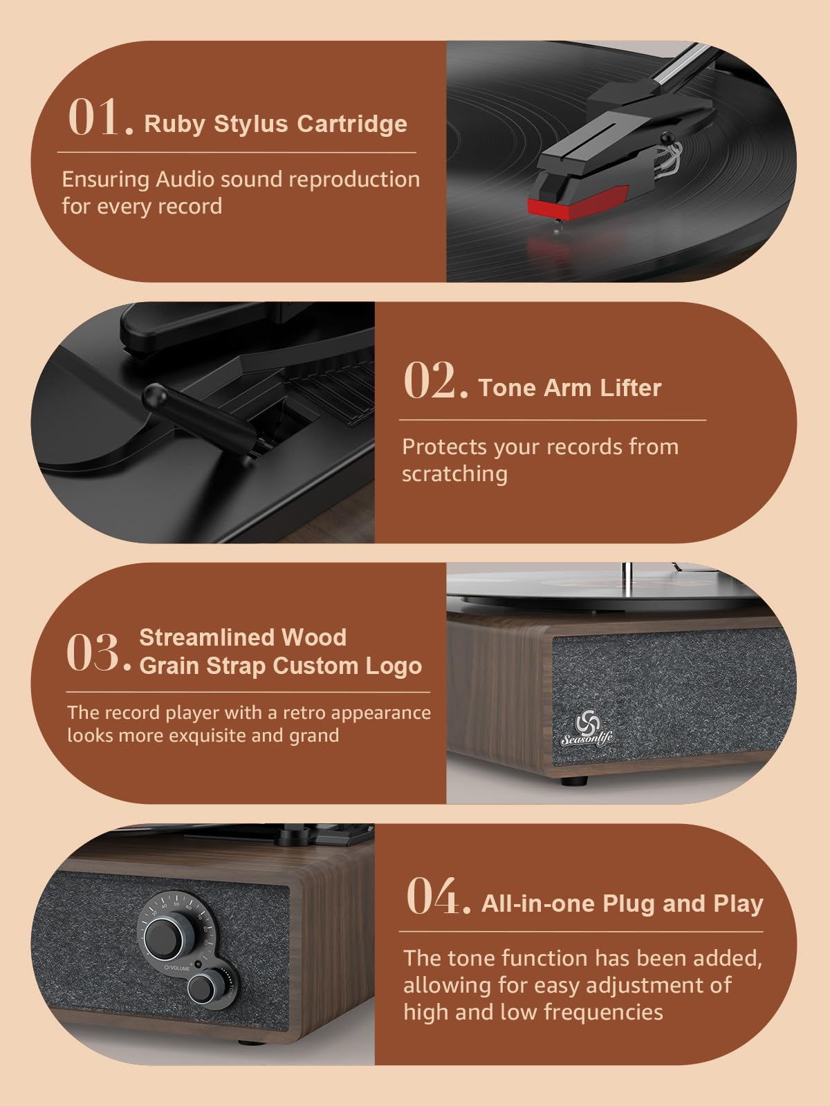 Schallplattenspieler Eingebaute Stereo-Lautsprecher Vintage Plattenspieler für Vinyl-Schallplatten LP Phonograph Riemenantrieb 3 Geschwindigkeiten 3 Größen Wireless Eingang RCA Ausgang Auto Stop