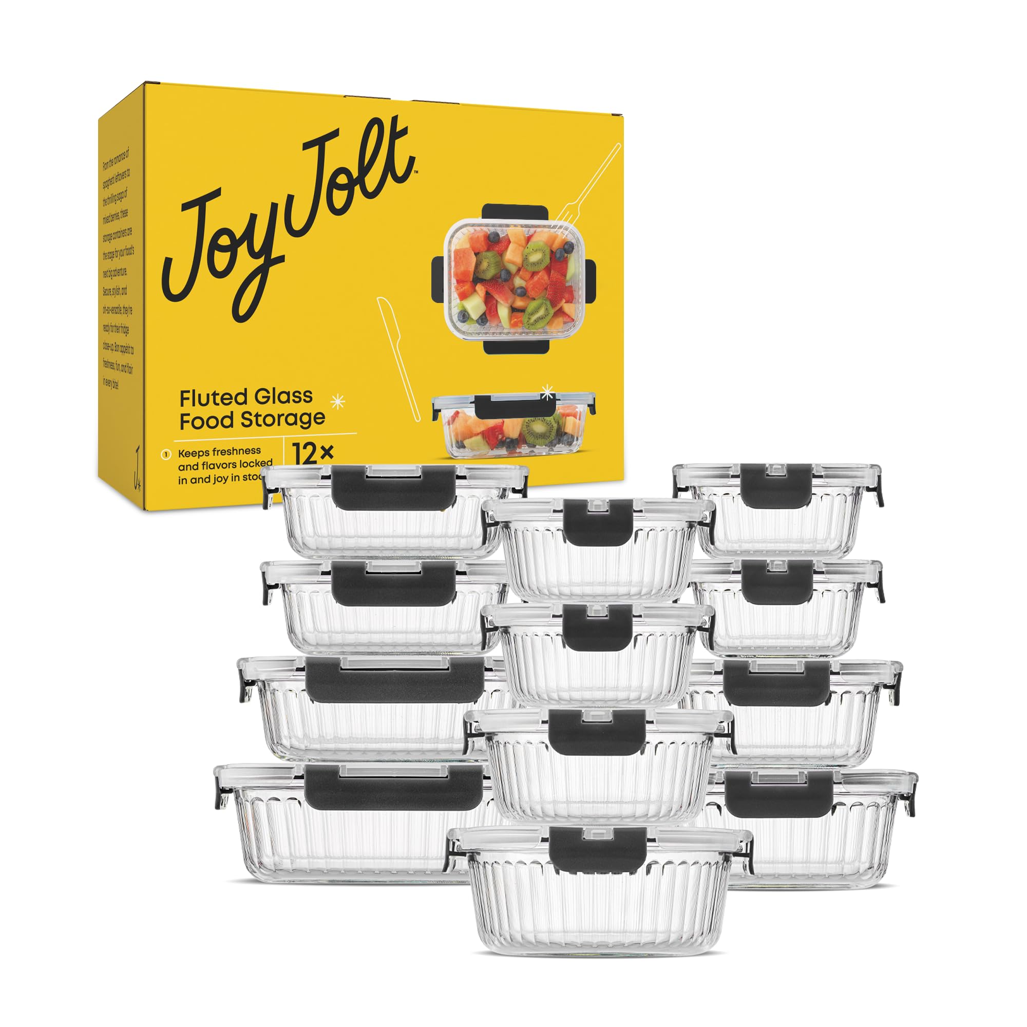 JoyJolt 24 contenitori in vetro borosilicato con coperchio, 12 contenitori ermetici/adatti al congelatore, per dispensa e cucina, contenitori per la preparazione dei pasti per il pranzo, set di