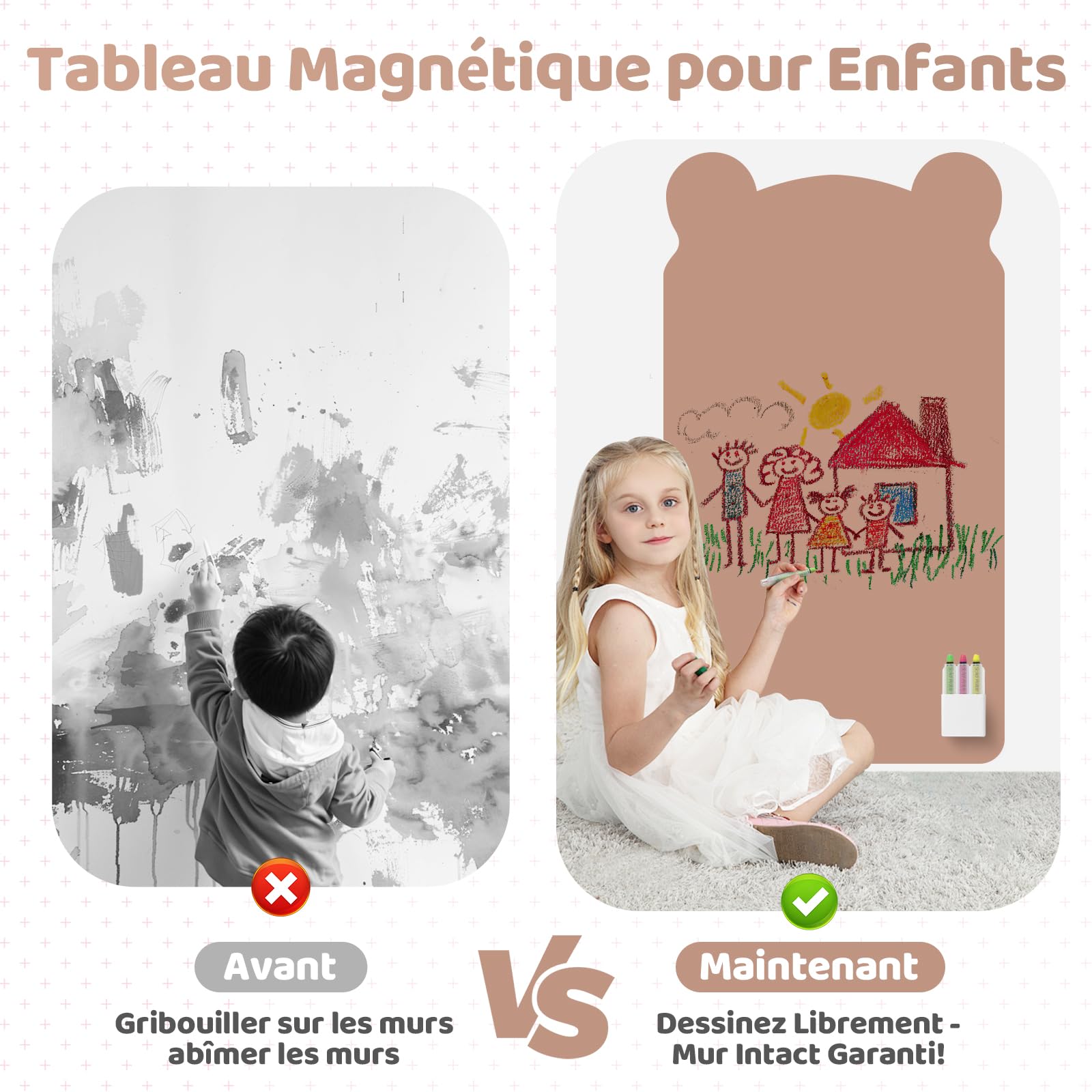 Tableau magnétique - 120 x 60 cm - Motif petit ours - 12 stylos à craie, 1 chiffon de nettoyage, 6 supports à craie, 1 boîte de rangement, 1 ruban adhésif, tableau à dessin magnétique (marron)