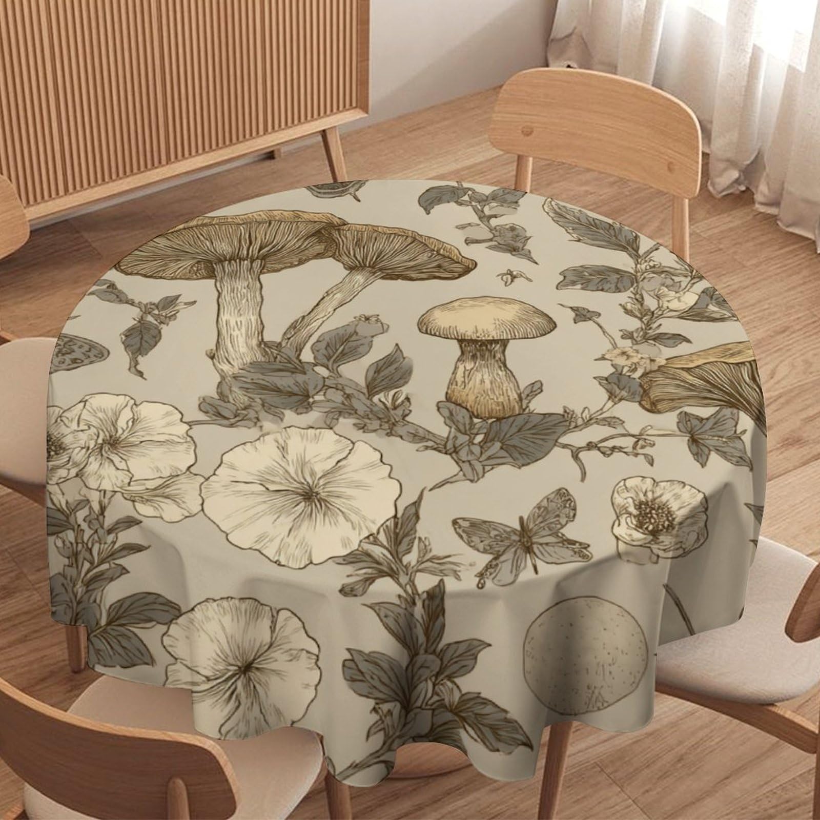 LUYYSKY Classic Mid Century Boho Mushroom Round Tablecloth Rustic Vintage Plant Floral Animal Butterfly Pattern Washable Decor for Table Cover for Kitchen-127 Wx127 L cm