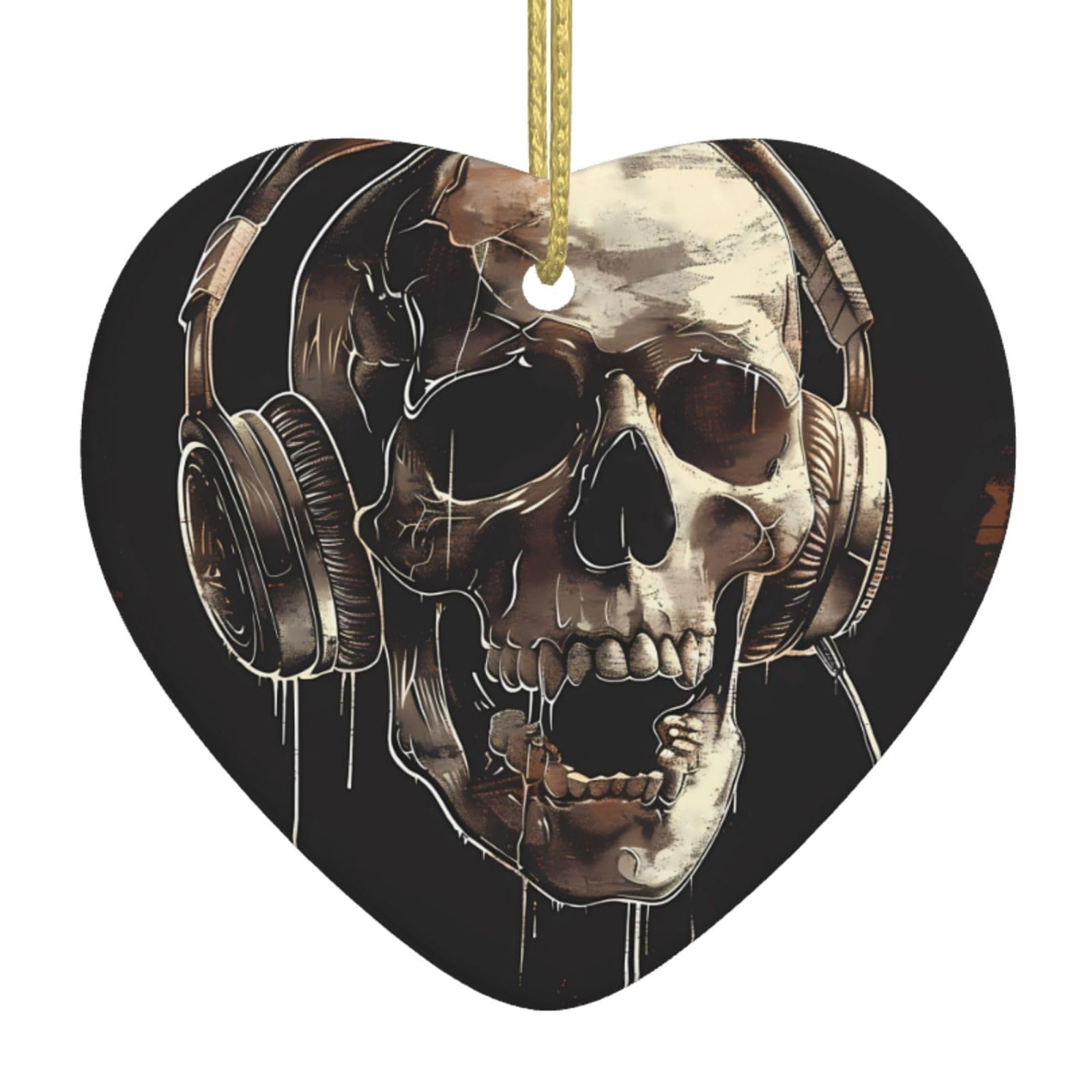 Heart-Shaped White Ceramic Hanging Christmas Tree Decorations Bauble Evil Skull Wearing Headphone Xmas Ornament For Festive Party New Year