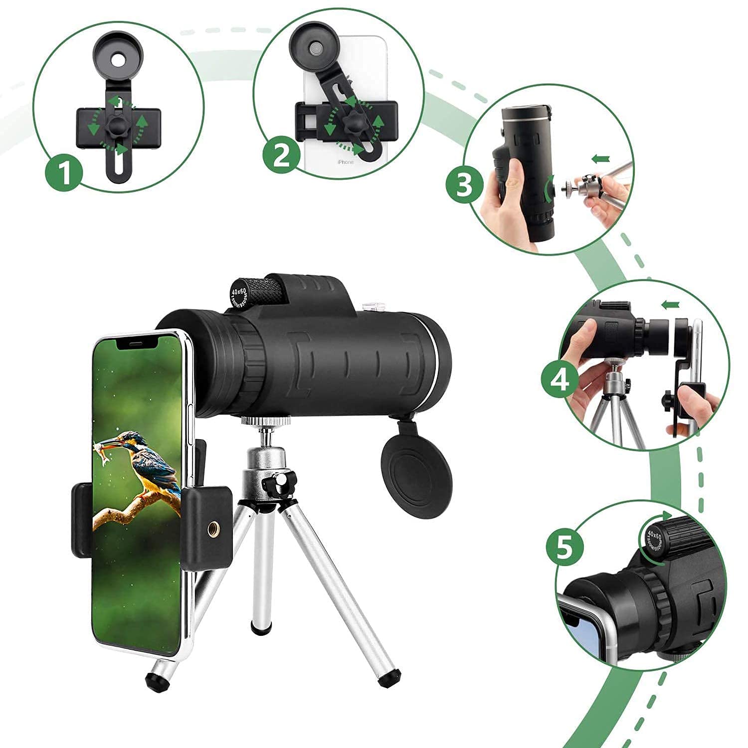 Monokularowy teleskop 40X60, Hd Bak4 Prism Monokularowy wodoodporny monokularowy zakres z klipsem na telefon, statyw do obserwacji ptaków Turystyka na świeżym powietrzu Sport i koncert little surprise