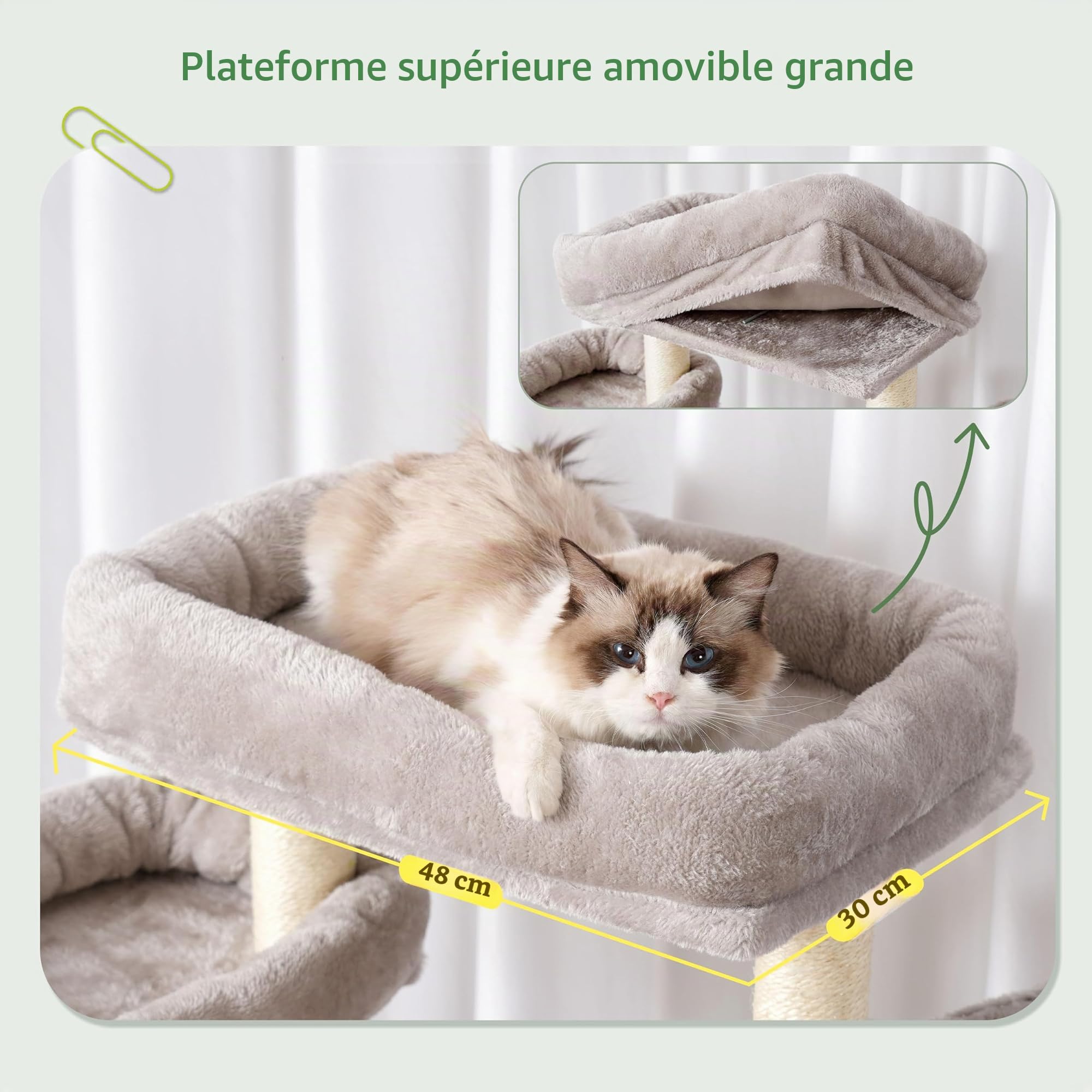 Gitelsnour Arbre à Chat avec Station d’Alimentation et Plateforme en Bois, Arbre de 167 cm avec Tunnel et Niche pour Chat, 11 poteaux à griffer en sisal, Plateforme supérieure, Gris Clair GCT021W