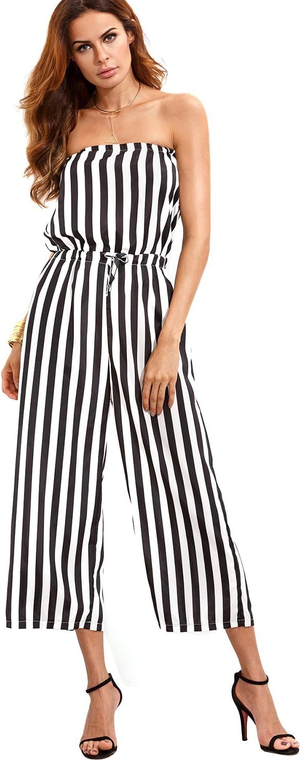 Code Women Strapless Jumpsuits Off Shoulder Cute Striped Wide Leg Backless Summer Jumpsuits