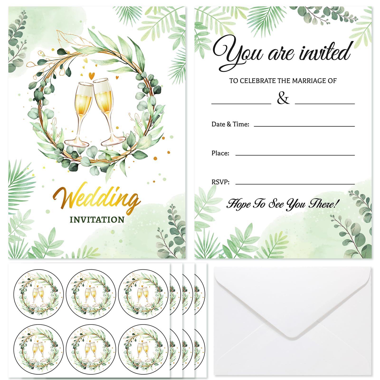 HOWAF 20pcs Wedding Invitations with Envelopes, Elegant Green Invitation Cards Wedding Invitation Packs wedding Invites with Envelopes & Bonus Stickers for Marriage invitations Marriage - A6 Size
