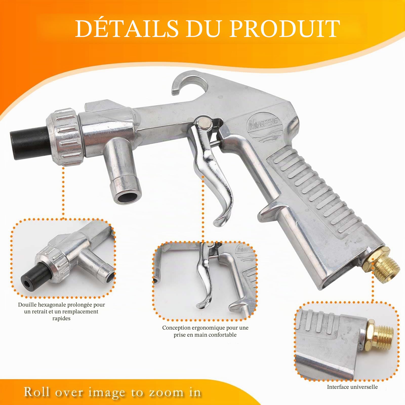 Kit de jet de sable à air comprimé, pistolet de sablage, compresseur d'air, pistolet de sablage pour cabine de sablage avec 8 buses en céramique, 4 buses métalliques et tuyau en caoutchouc de 1 m