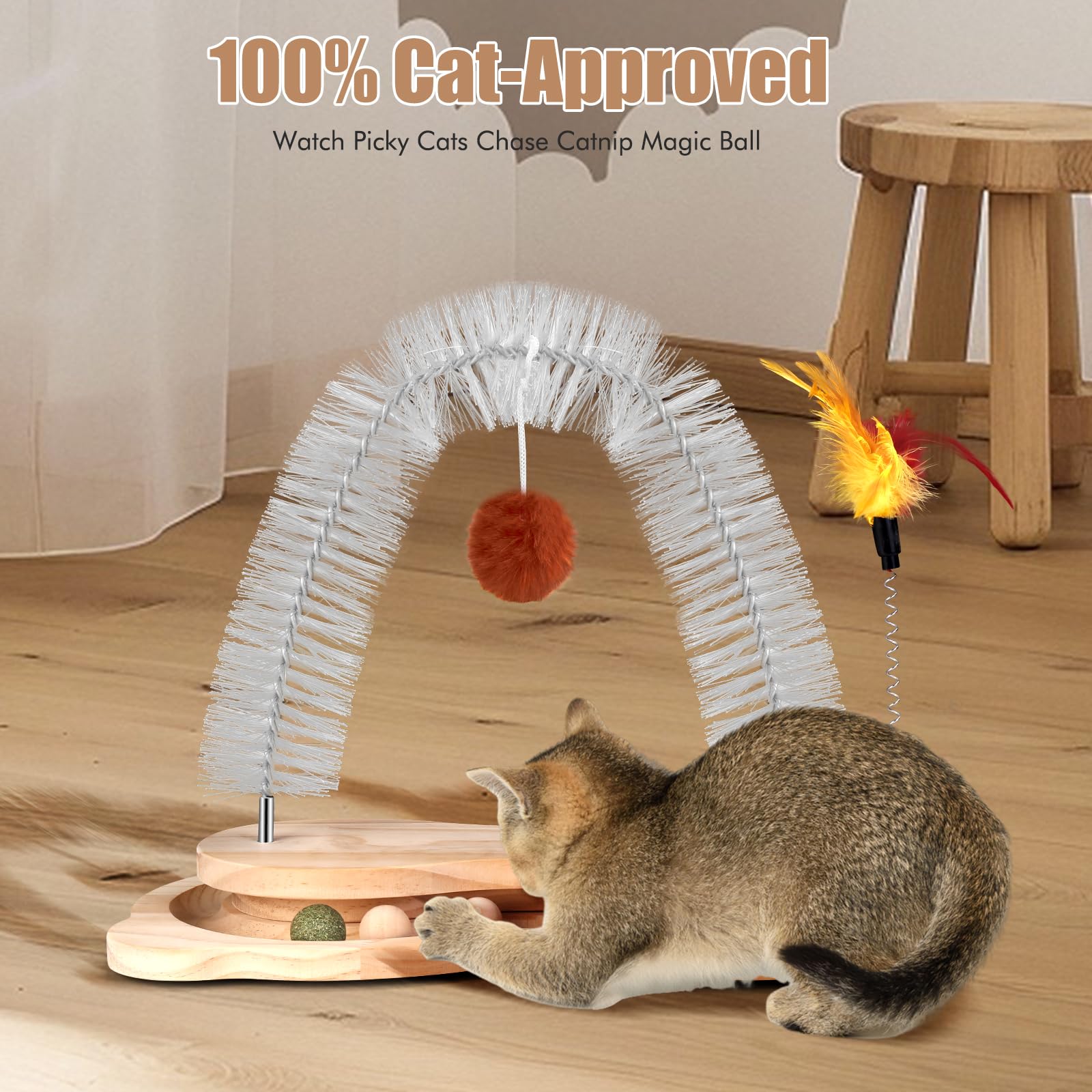 Rascador para gatos para interiores, poste para frotar cara y espalda, arco de aseo, cepillo masajeador para desprendimiento con gatito, juguete interactivo para perseguir caza, ejercicio físico