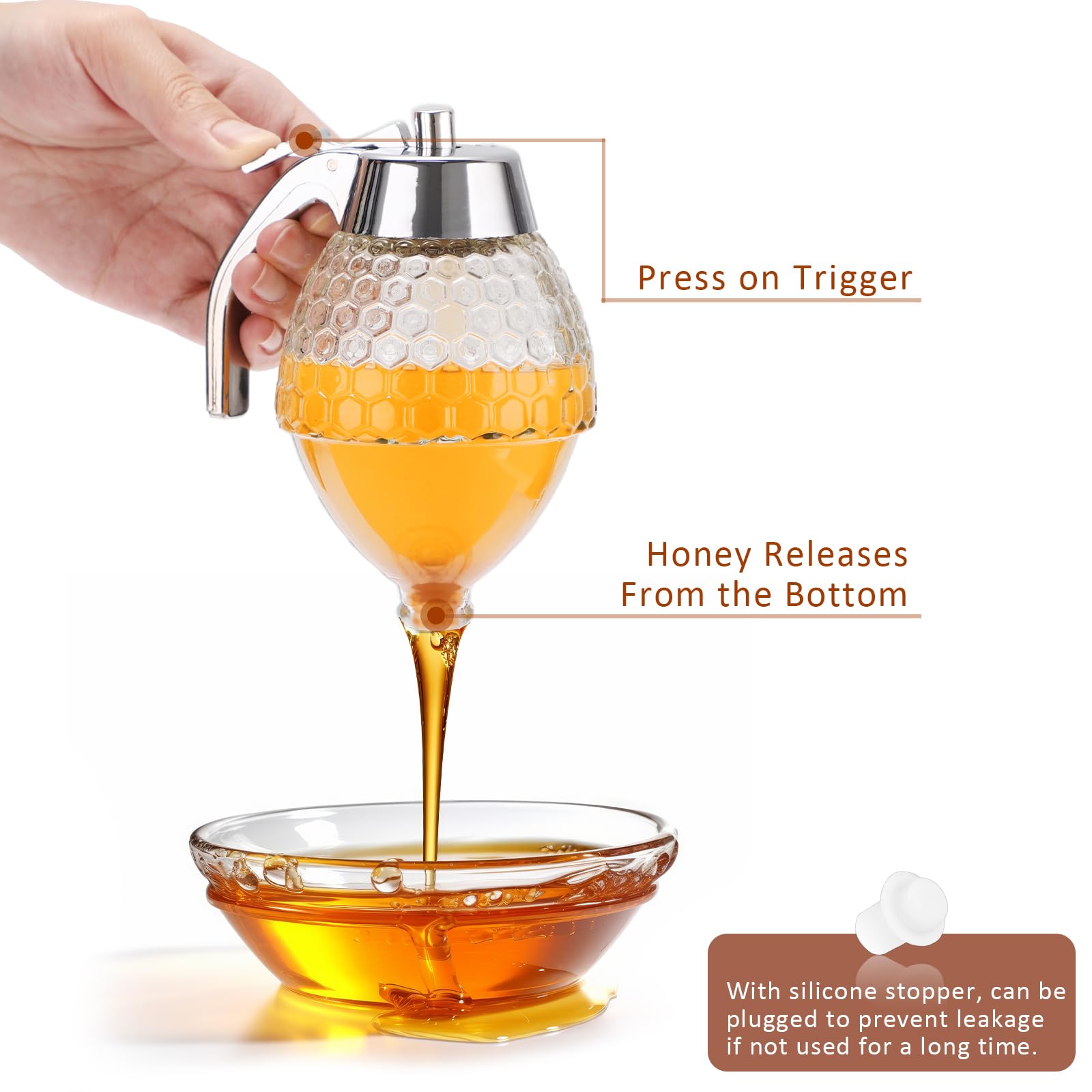 SUMNACON Dispenser per miele in vetro, contenitore per miele con supporto e manico, vaso per miele con dipper, dispenser per syrup, barattoli per miele facili da pulire, per tavolo da colazione