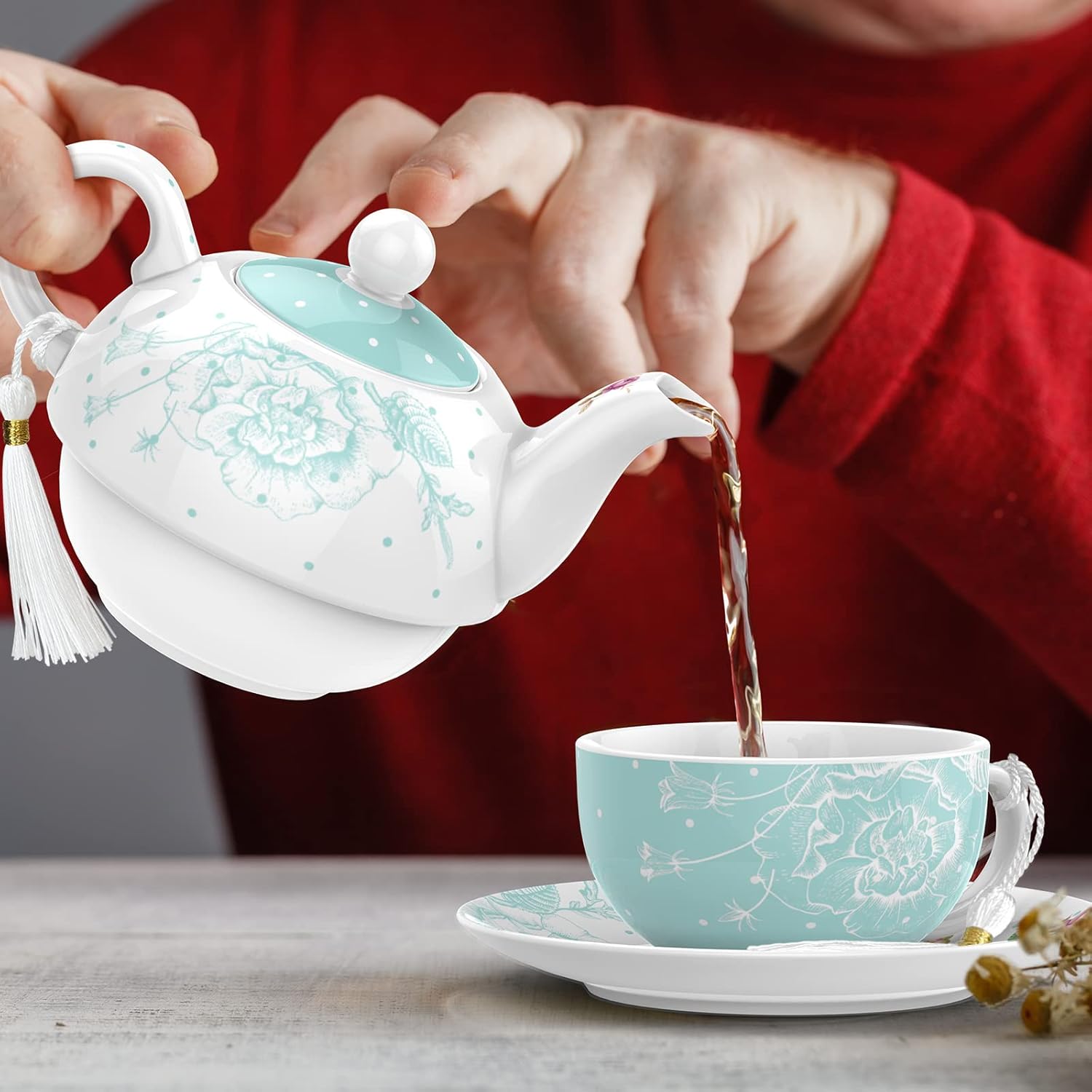 London Boutique Tea for One Teapot Teacup Saucer Set Afternoon Tea Set for 1 New Bone China Vintage Flora Gift for Women 350m (Turquoise)