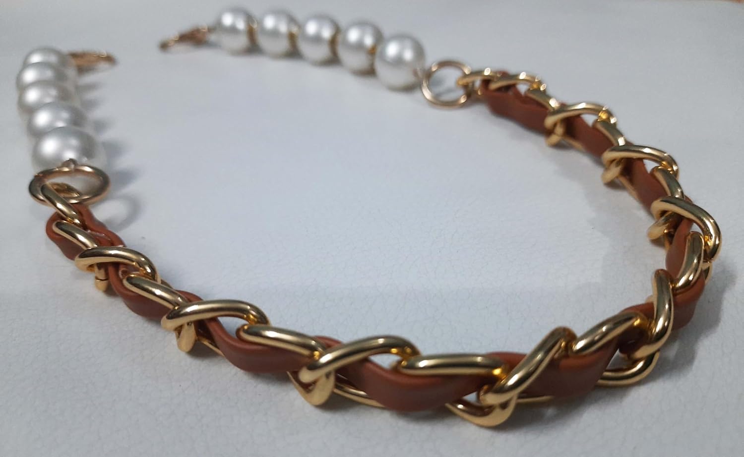 Tia Premium Purse Shoulder Bag Chain Strap Handle, Handbag Purse Chain Replacement, Purse, Clutch Making, Decoration & DIY (Golden Chain with Brown Leather Pearl with Hook-16inch-4Pc)