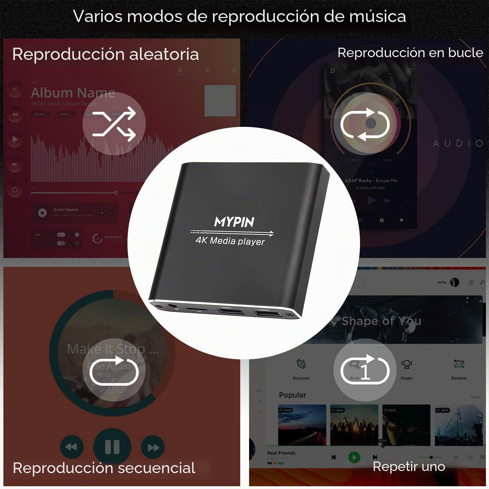 Reproductor Multimedia 4K, MYPIN Media Player con Control Remoto para Disco Duro de 8TB/Unidad USB/Tarjeta TF/H.265 MP4 PPT MKV AVI Admite Salida HDMI/AV/Coaxial-HDMI hasta Sonido Envolvente 7.1