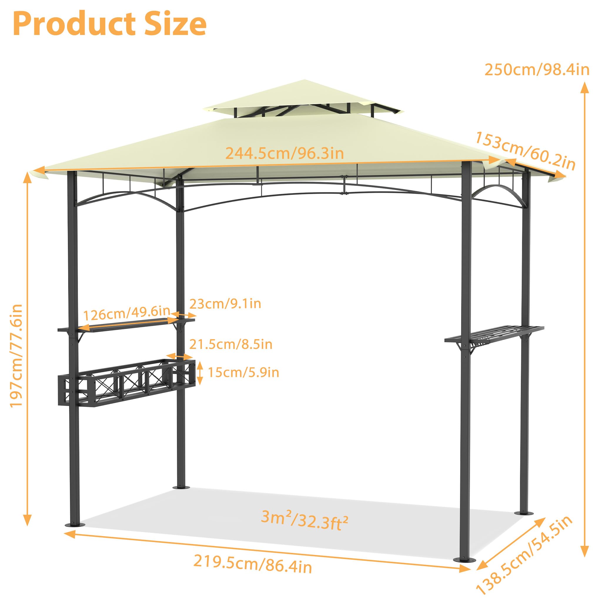 HENGMEI Grill Pavillon 2.45 x 1.53m, Grillpavillon Partyzelt Doppelstöckige Schutzabdeckung, Grillzelt Gartenpavillon Pergola mit Regalen und Ablagekörben für Party, Marktstand, Picknick (Beige)