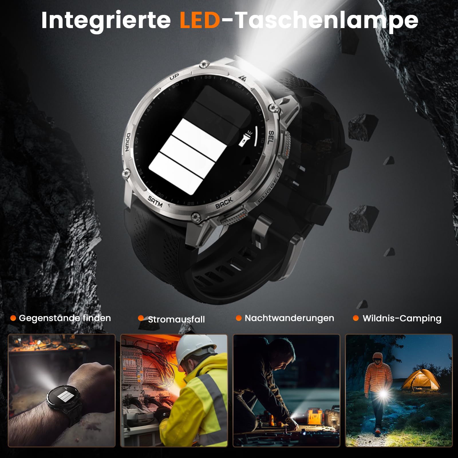 KOSPET Tank T4C GPS Smartwatch Herren mit LED, 1,5" AMOLED, IP69K | Robuste Militär Watch für Android/iPhone, 50M wasserdicht, 170+ Sportmodi, Herzfrequenzmonitor & Schlaf, Telefonfunktion