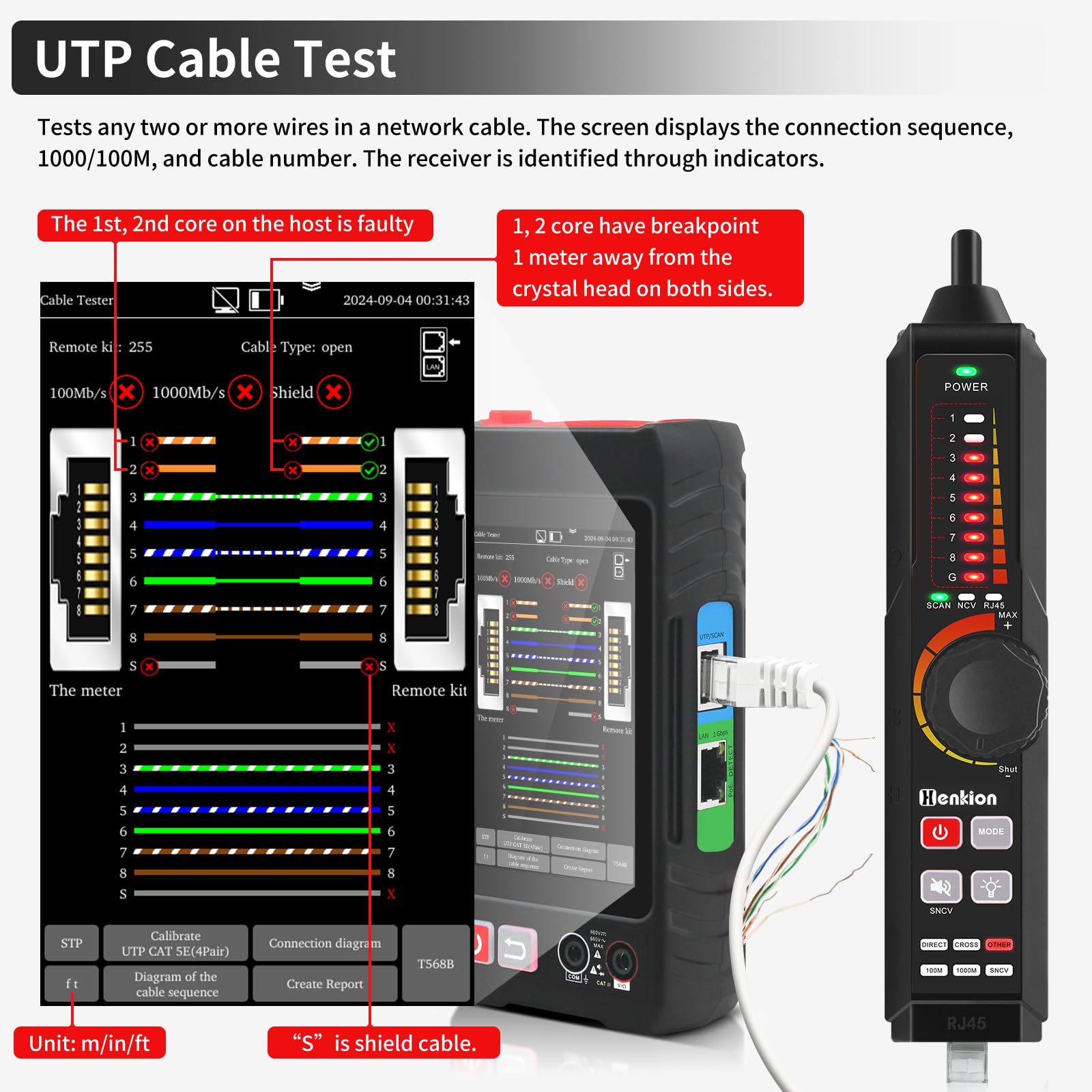 Henkion Comprobador de cables de red RJ45 Probador de cables UTP, Rastreador de cables Ethernet, pantalla táctil IPS de 4 pulgadas, compatible con herramientas de red, multímetro digital, VFL, OPM