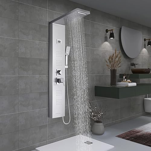 AlenArt - Panel de ducha de acero inoxidable con 5 funciones cabezal de ducha de cascada de lluvia ducha de mano de 3 modos 4 chorros de masaje