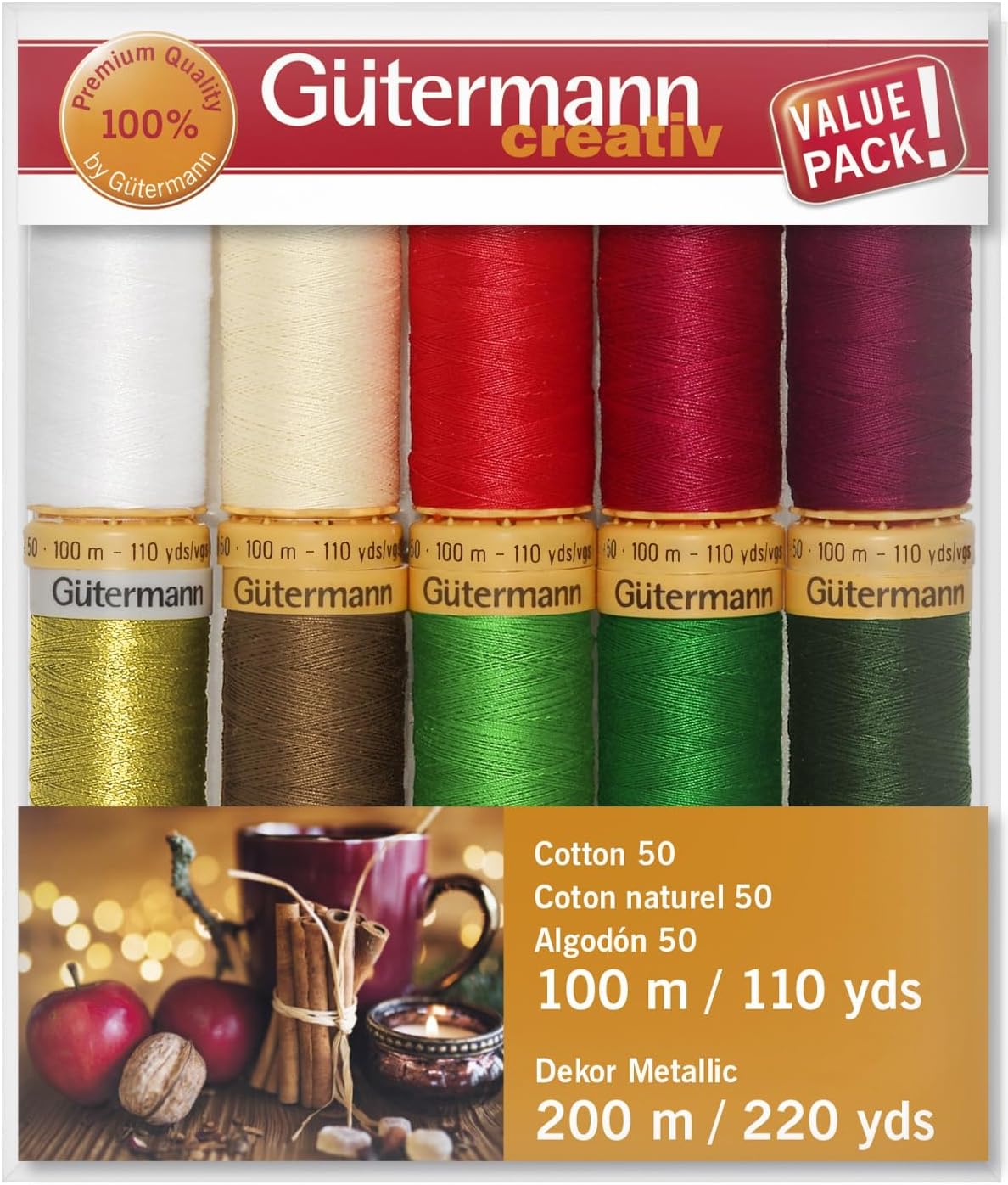 Gutermann Cotton 50 Holiday Thread Set - 10 Spools-Collection 1 - Gold Metallic