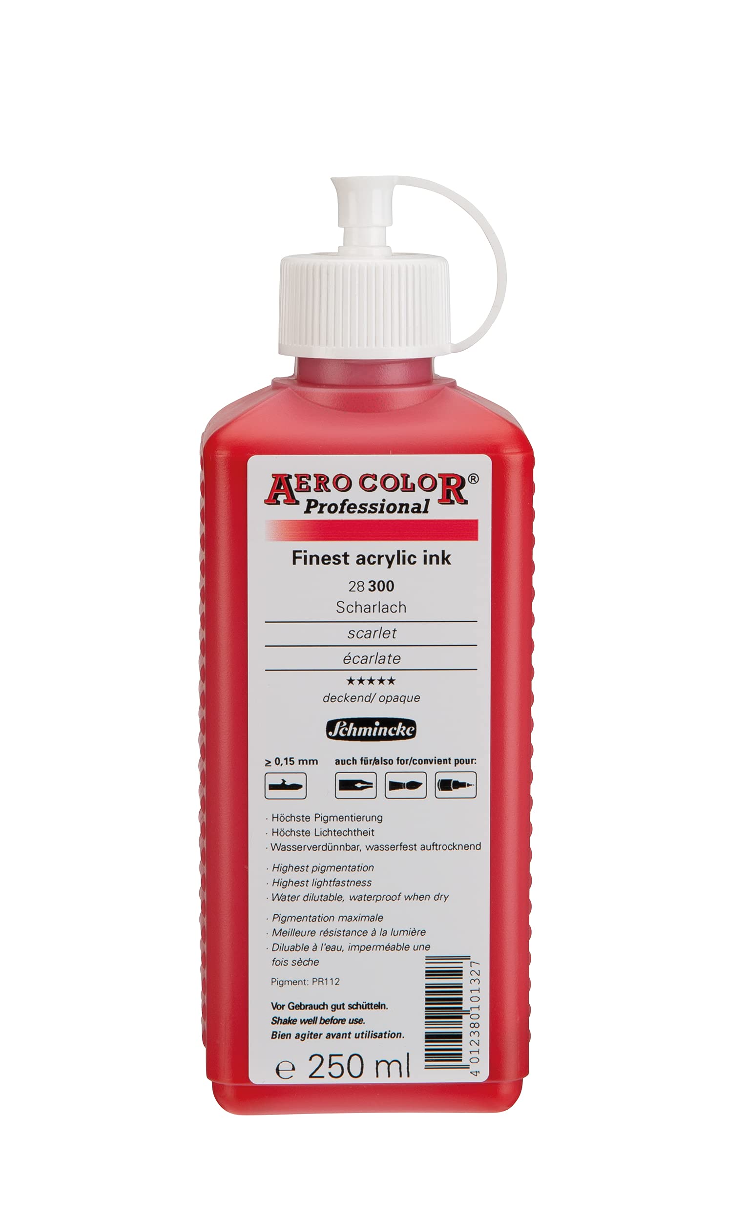 Schmincke - AERO COLOR® Professional, Scarlet 250 ml, 28300027, highly liquid, highly brilliant acrylic colour for acrylic painting, airbrush, mixed media, acrylic ink
