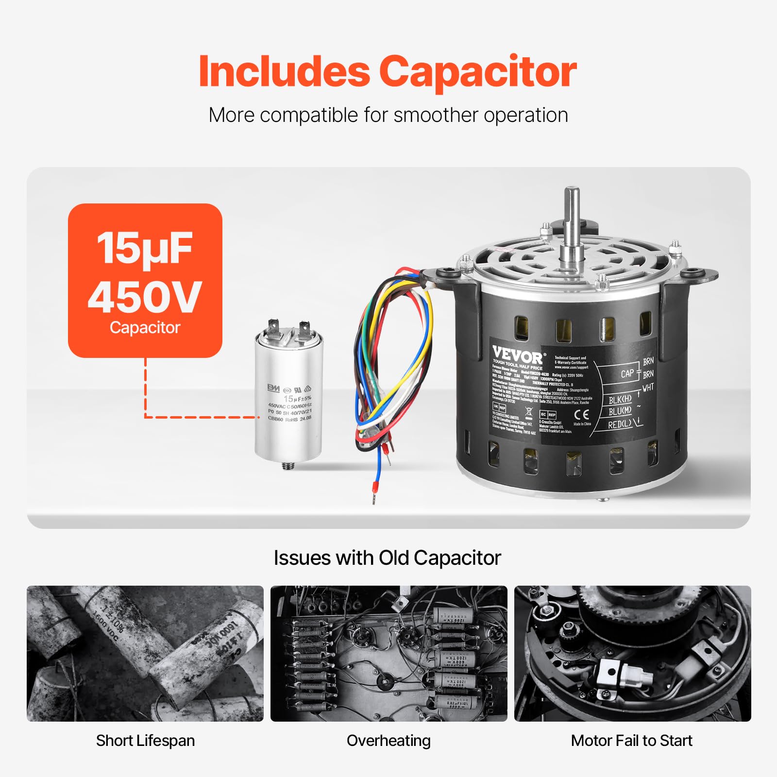 VEVOR Motor de Soplador de Horno de 1/2 HP, 220 V, 2,6 A, 1300 RPM, 3 Velocidades, Diámetro de Eje de 10 mm, Longitud de Eje de 20 mm, Rotación en Sentido Antihorario desde el Extremo del Eje