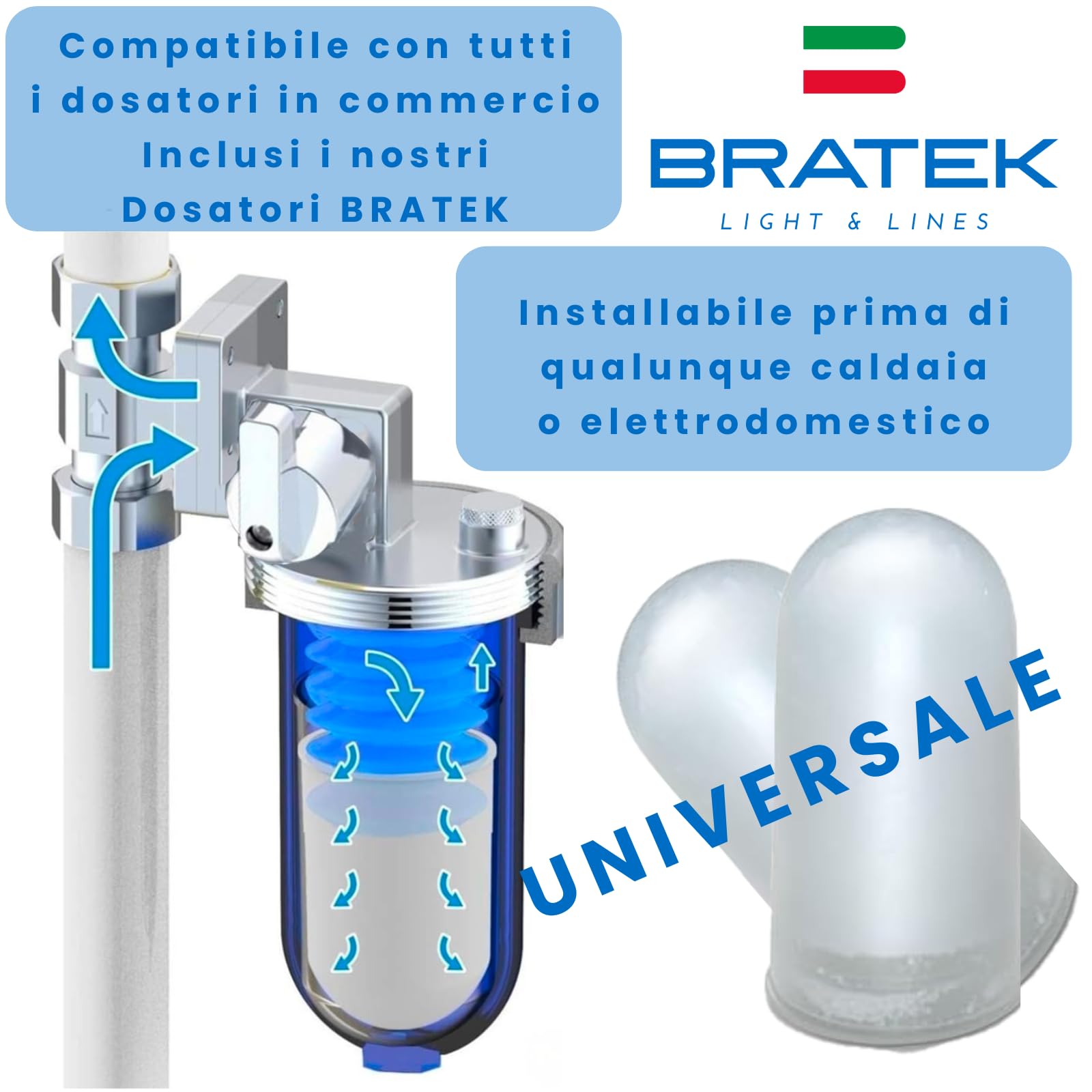 Bratek Polifosfati per Caldaia Ricarica in Cartucce Universali Made in Italy - 6 Cartucce Dosatore Polifosfati per Caldaia Compatibili con Filtro Anticalcare Standard x Protezione Impianto Idraulico