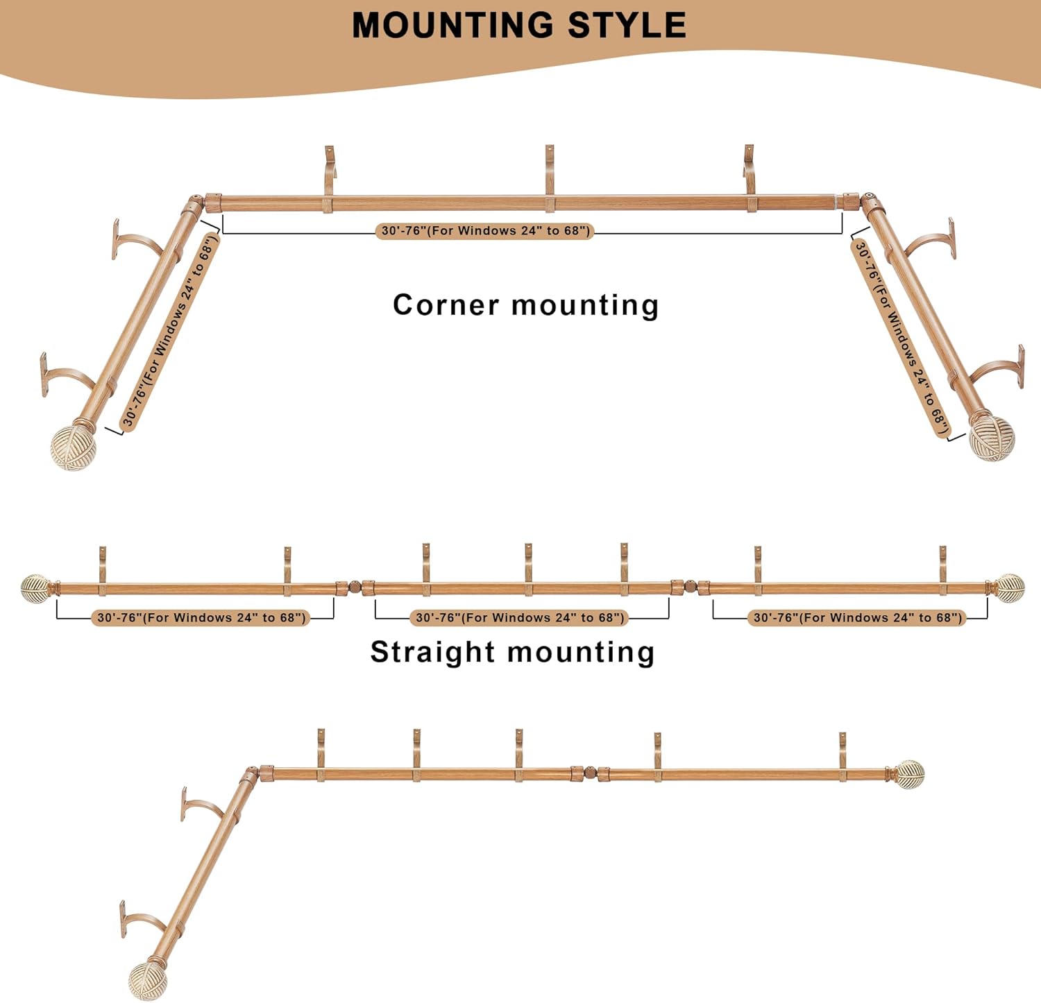 Corner Curtain Rod for Windows 36 to 72 Inch(Center Rod),20 to 36 Inch Side Rods for windows,1 Inch Bay Window Curtain Rods with Aluminum Brackets and Imitation Wood Grain Leaf Pattern Finials,Brown