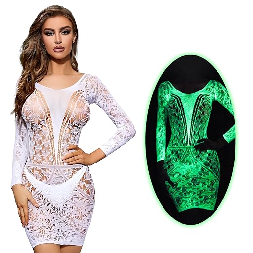 DTWAWA Glow in the Dark Sexy White Fishnet Stockings, Stylish Bodysuit Leggings for Womens Party