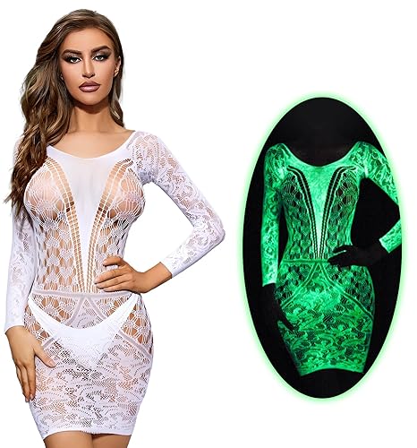 DTWAWA Glow in the Dark Sexy White Fishnet Stockings, Stylish Bodysuit Leggings for Womens Party - A Bodysuit - White