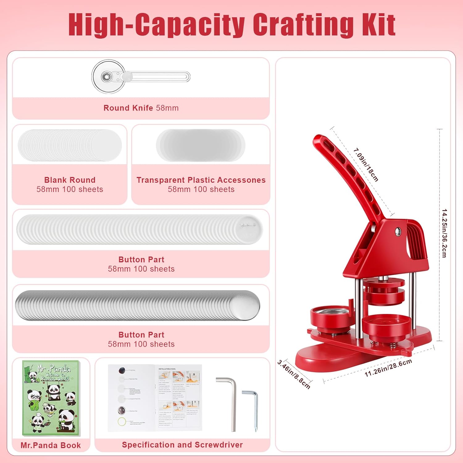 Hicdaw 58MM (2.25 inch) Button Maker Machine Button Maker Kit Easy DIY Pin Maker Machine with Free Button & Blank Round Sheet & Circle Cutter & Panda Pictorial Book