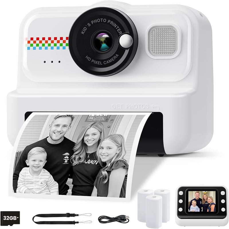 HiMont Gyermek Instant Fényképezőgép 1080P - 32GB Kártyával és 3 Tekercs Nyomtatópapírral, Játék Kamera 3-12 Éves Fiúknak és Lányoknak