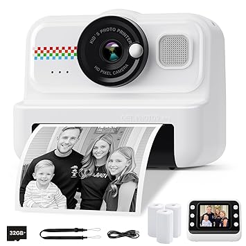 HiMont - Instant Print Camera for Kids, 1080P HD Instant Print Camera for Kids with 3 Rolls Printing Paper and 32GB Card, Digital Selfie Camera for Kids, Gift