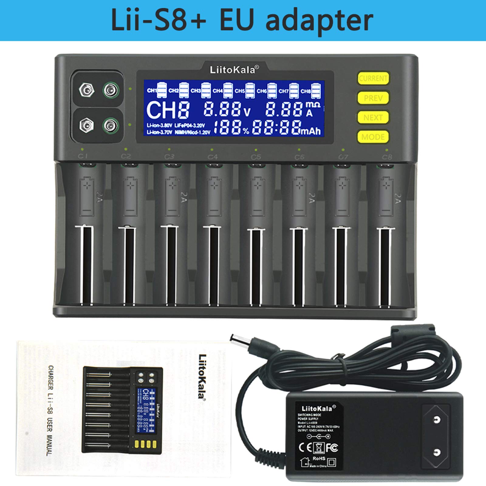 docooler LiitoKala LII-S8 Caricabatteria Li-Ion 3.7V NiMH 1.2V Li-FePO4 3.2V IMR 3.8V Caricatore per 18650 26650 21700 26700 AA AAA