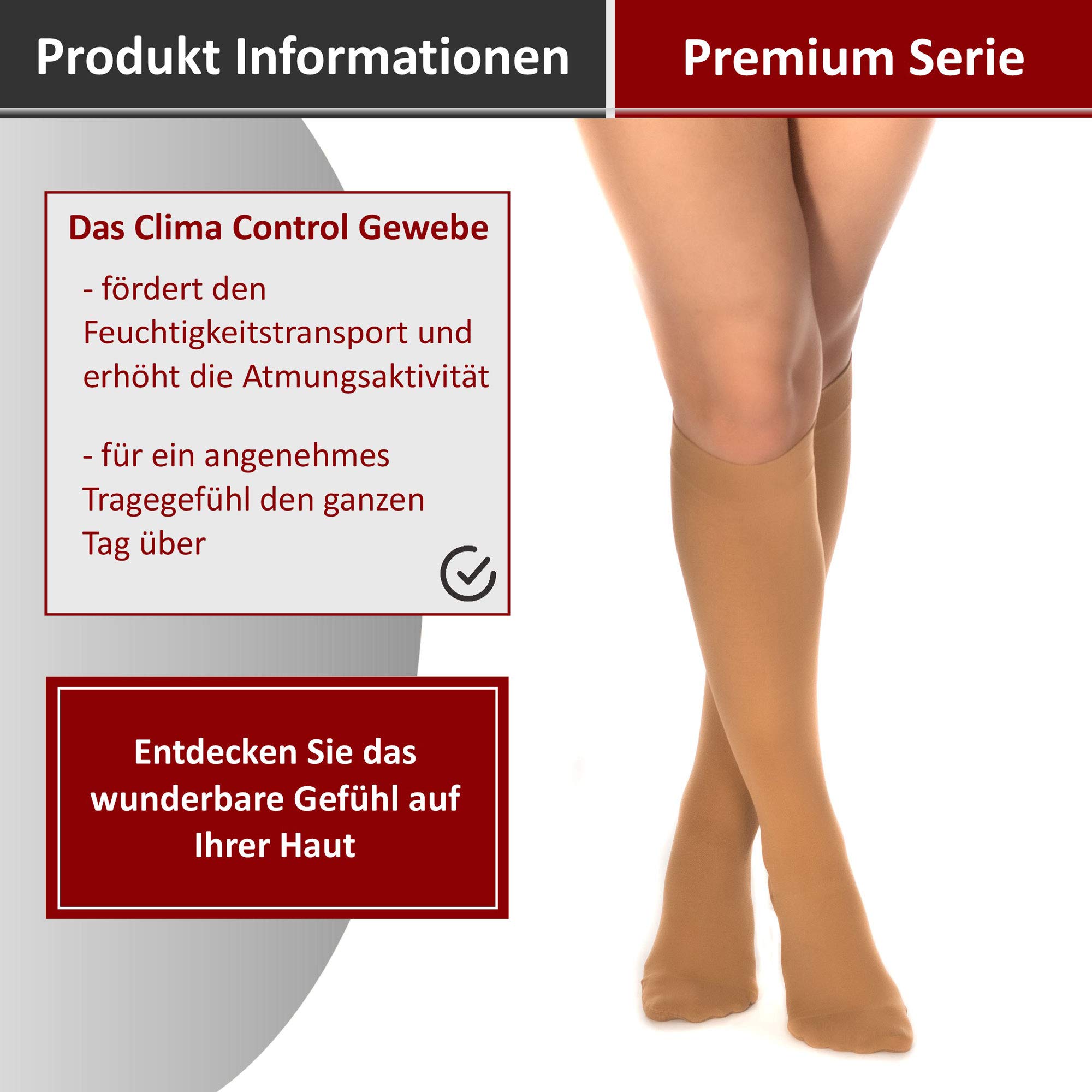 RIEMTEX medizinische Kompressionsstrümpfe Klasse 2 CCL2 23-32 mmHg Wadenstrümpfe für Damen Geschlossene Spitze PREMIUM Serie 3211a (Größe 2, Caramell)