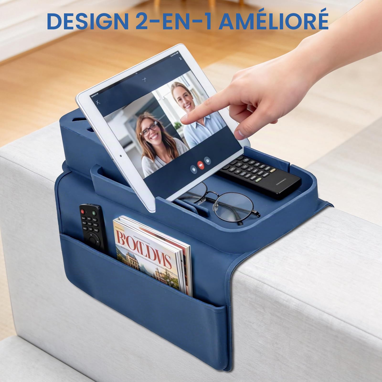 Plateau Accoudoir Canapé Silicone, Accoudoir Canapé Antidérapant | Range Telecommande Canape avec Porte Gobelet, Organisateur pour Boissons et Snacks (Blue)