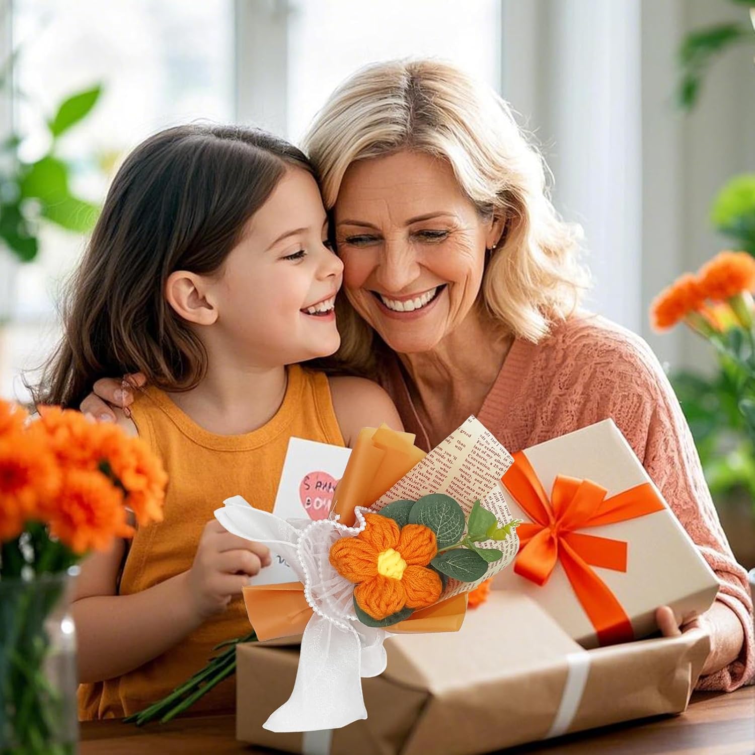 Crochet Flowers Bouquet Handmade Knitted Bouquet Crochet Flower Kit Knitted Fake Puff Flower, Gift for Mother Wife on Birthday Anniversary (Orange) - Image 6