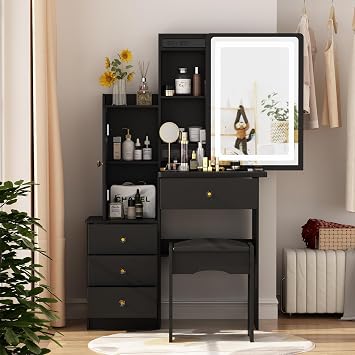AGOTENI Vanity Table Makeup Vanity Dressing Table with Mirror, 4 Drawers & Shelves, Dressing Desk and Cushioned Stool SetBlack, Slidding Lighted Mirror
