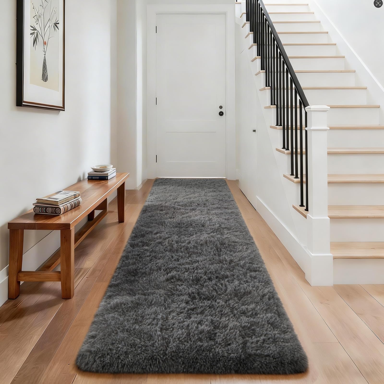 Ophanie Runner Rug for Hallway, 3x8 Washable Non-Slip Fluffy Soft Bedside Rugs, Bedroom Living Room Shaggy Carpet for Kids Girls Boys Dorm Nursery Decor Aesthetic, Grey with Over 99 pcs Pile fibers