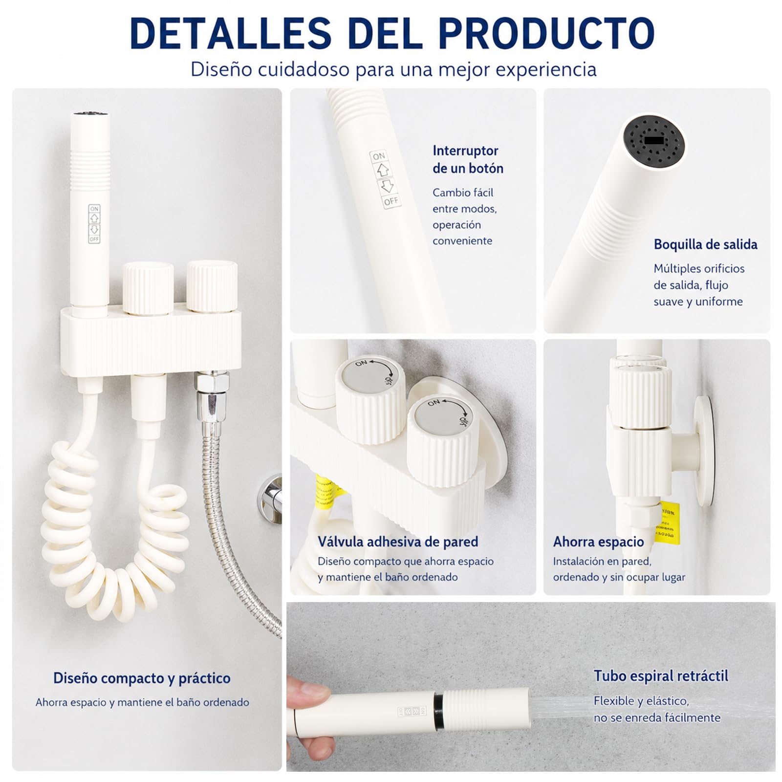 Ducha Higiénica WC con Doble Válvula, Marfil Mate | ociador ON/OFF | Manguera espiral 1,5 m | Bidé WC | Doble válvula independiente | Limpieza del WC