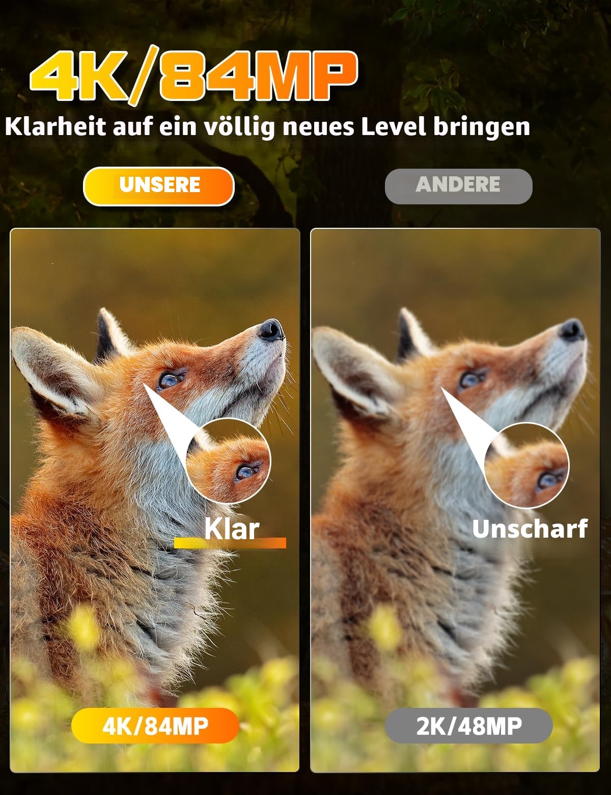 Wildkamera mit Handyübertragung App, 84MP 4K WLAN Wildkamera mit 8 AA-Batterien, 130 ° Weitwinkel Wildtierkamera mit Bewegungsmelder Nachtsicht, 32GB Speicherkarte, IP66 Wasserdicht